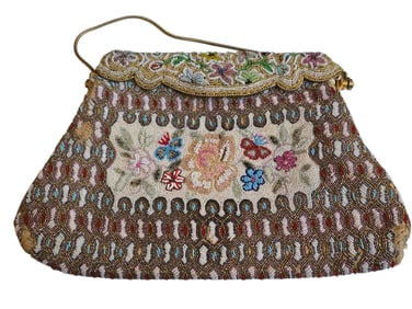 VINTAGE HAND BEADED FLORAL FANCY WIRED METAL TOP BAG WITH SNAKE CHAIN HANDLE