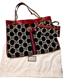 AUTHENTIC GUCCI RAJAH LEATHER AND FABRIC TWEED BAG