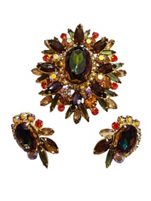 VINTAGE JULIANA WATERMELON STONE RHINESTONE BROOCH/PENDANT SET