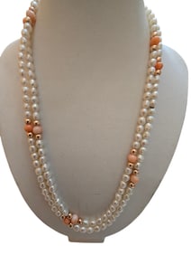 VINTAGE PEARL CORAL & 14KT GOLD BEADED NECKLACE