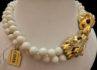 VINTAGE NOS CINER DOUBLE LION/TIGER DOUBLE STRAND BEADED NECKLACE W/ ORIGINAL TAG
