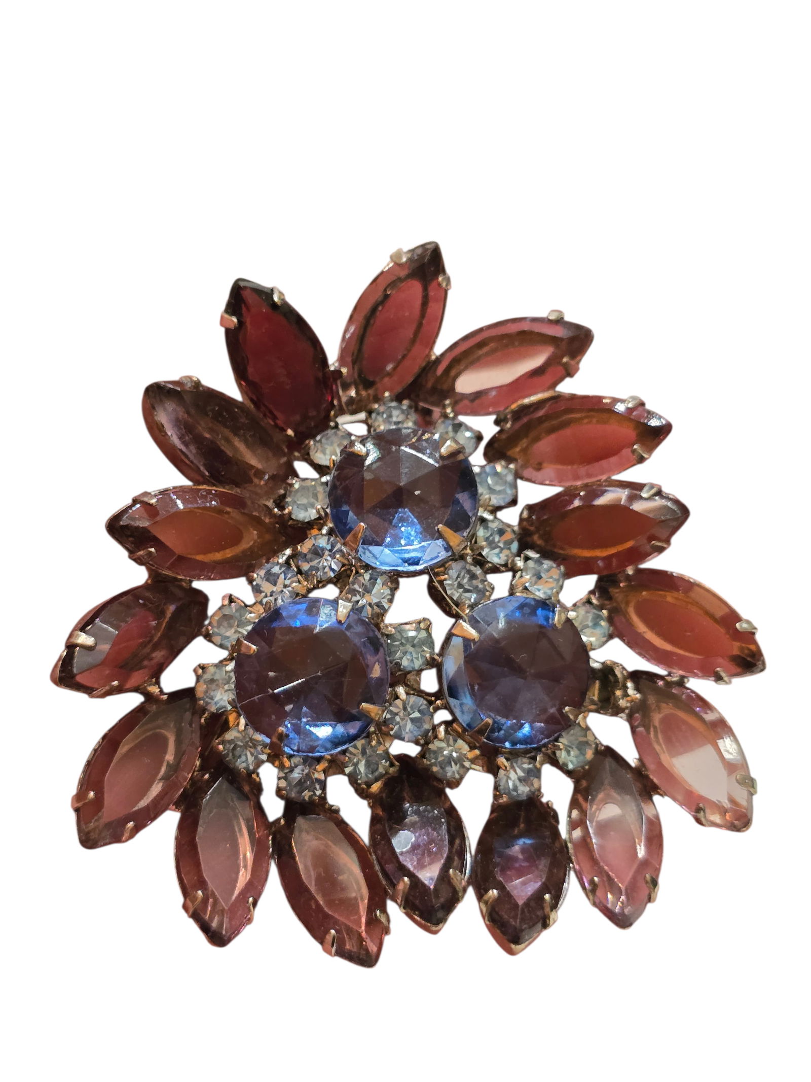 VINTAGE UNSIGNED LILAC & BLUE GLASS RHINESTONE STYLIZED BROOCH (1 of 4)