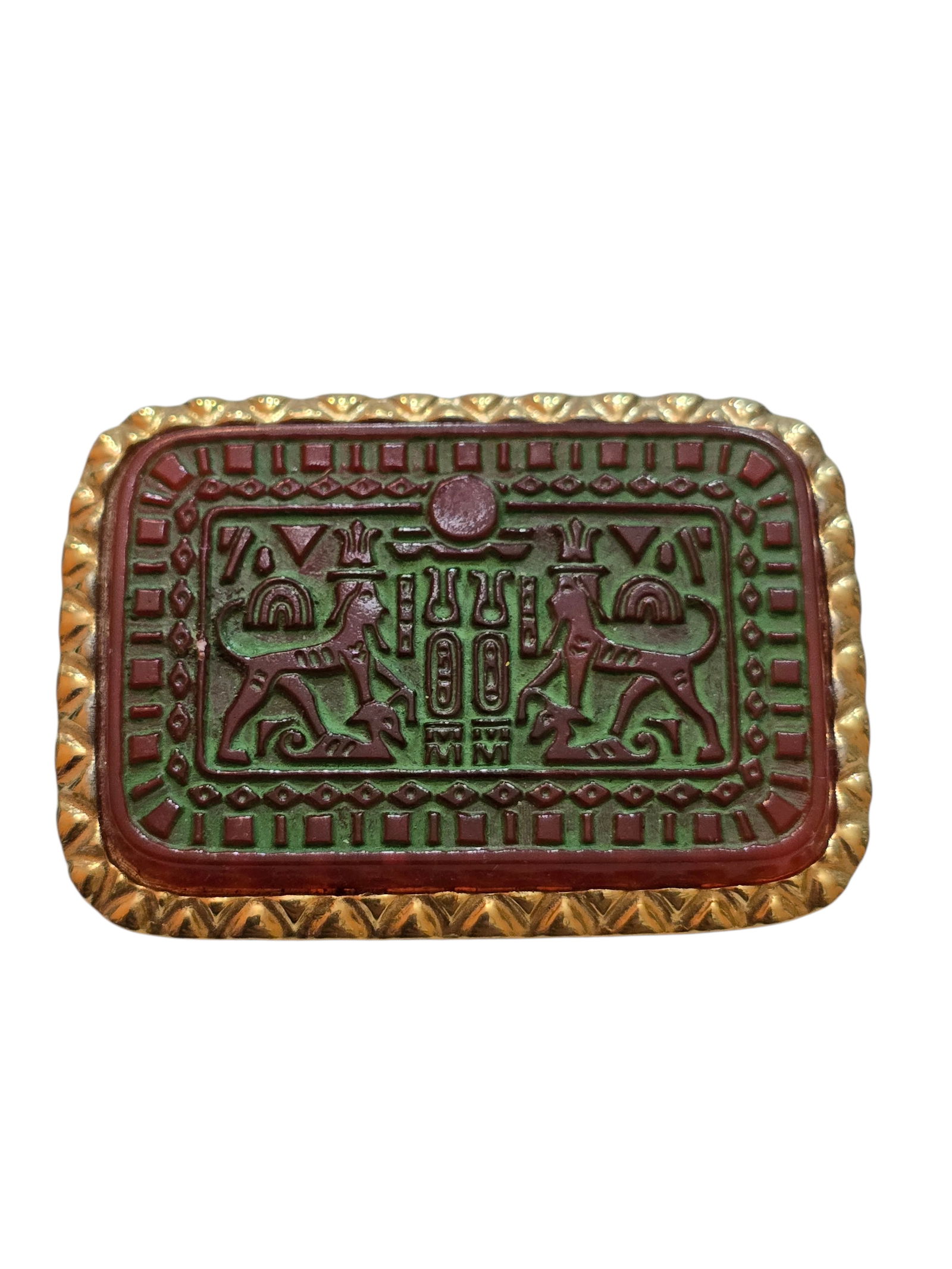 VINTAGE SIGNED MARVELLA EGYPTIAN GLASS BROOCH: VINTAGE SIGNED MARVELLA EGYPTIAN GLASS BROOCH. 1.5", IN VERY GOOD CONDITION. SIGNED.