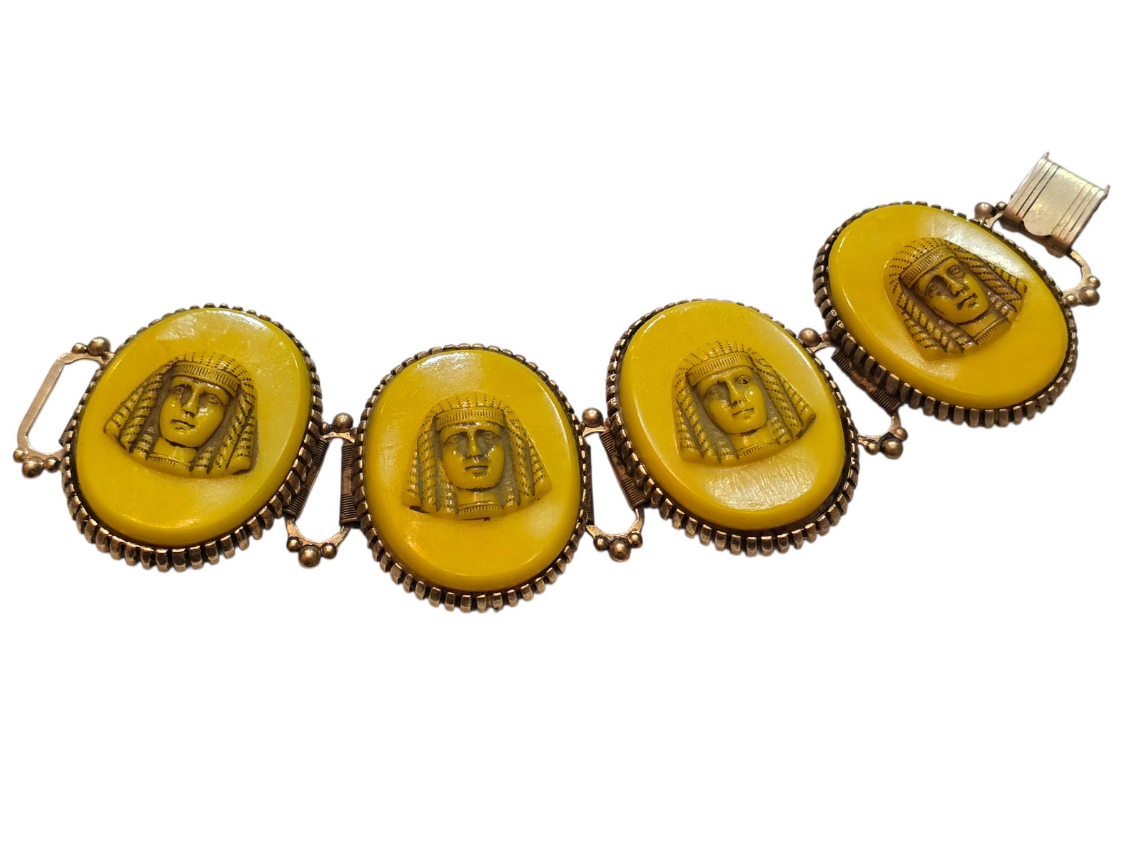 VINTAGE UNSIGNED ART DECO EGYPTIAN REVIVAL GLASS PANEL BRACELET (1 of 5)