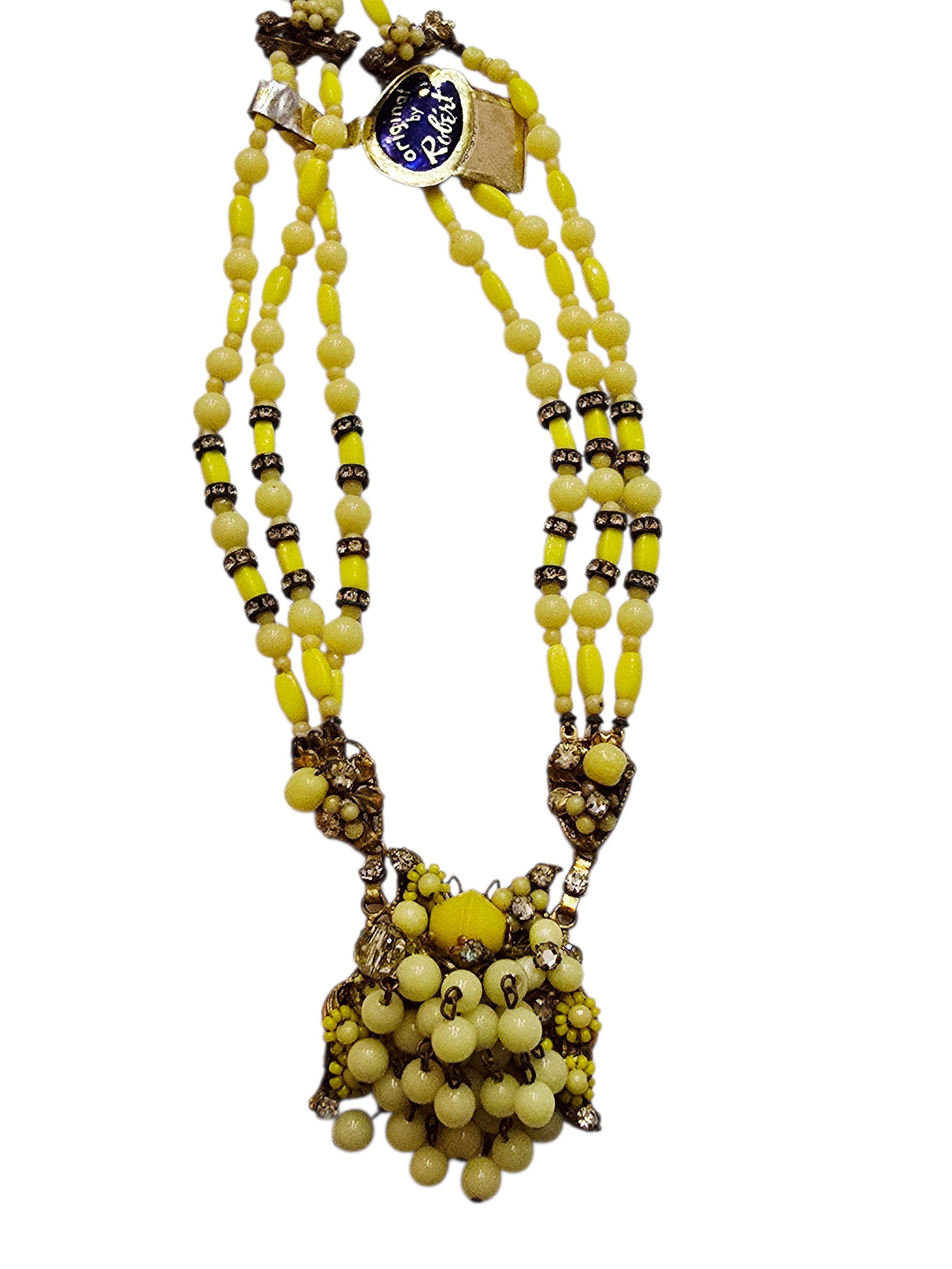 VINTAGE ORIGINAL BY ROBERT WITH ORIGINAL PAPER TAG AND STYLE # YELLOW BEADED NECKLACE: VINTAGE ORIGINAL BY ROBERT WITH ORIGINAL PAPER TAG AND STYLE # YELLOW BEADED NECKLACE. GOES TO 16". IN VERY GOOD CONDITION, ORIGINAL TAG STYLE #2037. NOT SIGNED BUT DEFINITELY ROBERT. AMAZING DESIGN,