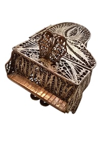 VINTAGE SILVERTONE FILIGREE SMALL PIANO TRINKET BOX