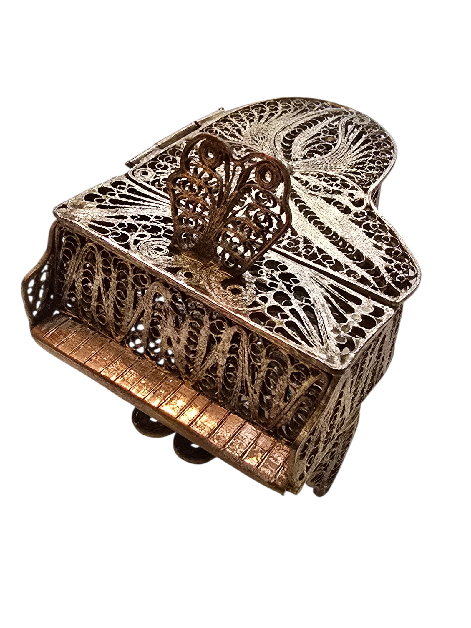 VINTAGE SILVERTONE FILIGREE SMALL PIANO TRINKET BOX (1 of 6)