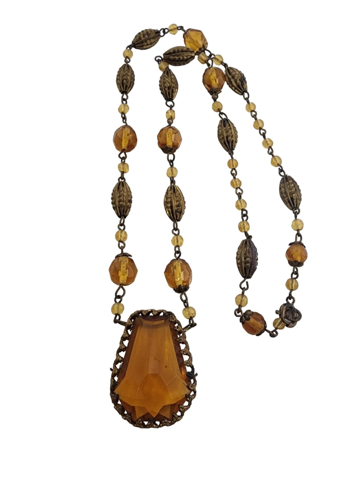BEAUTIFUL SIGNED CZECHOSLOVAKIA FACETED GLASS PENDANT NECKLACE: Beautiful Signed Czechoslovakia Faceted Glass Pendant Necklace (A4969) Size: 22" Color: Orange, gold Condition: Good vintage; the glass pendant does have some inclusions and a teeny chip in the glass.