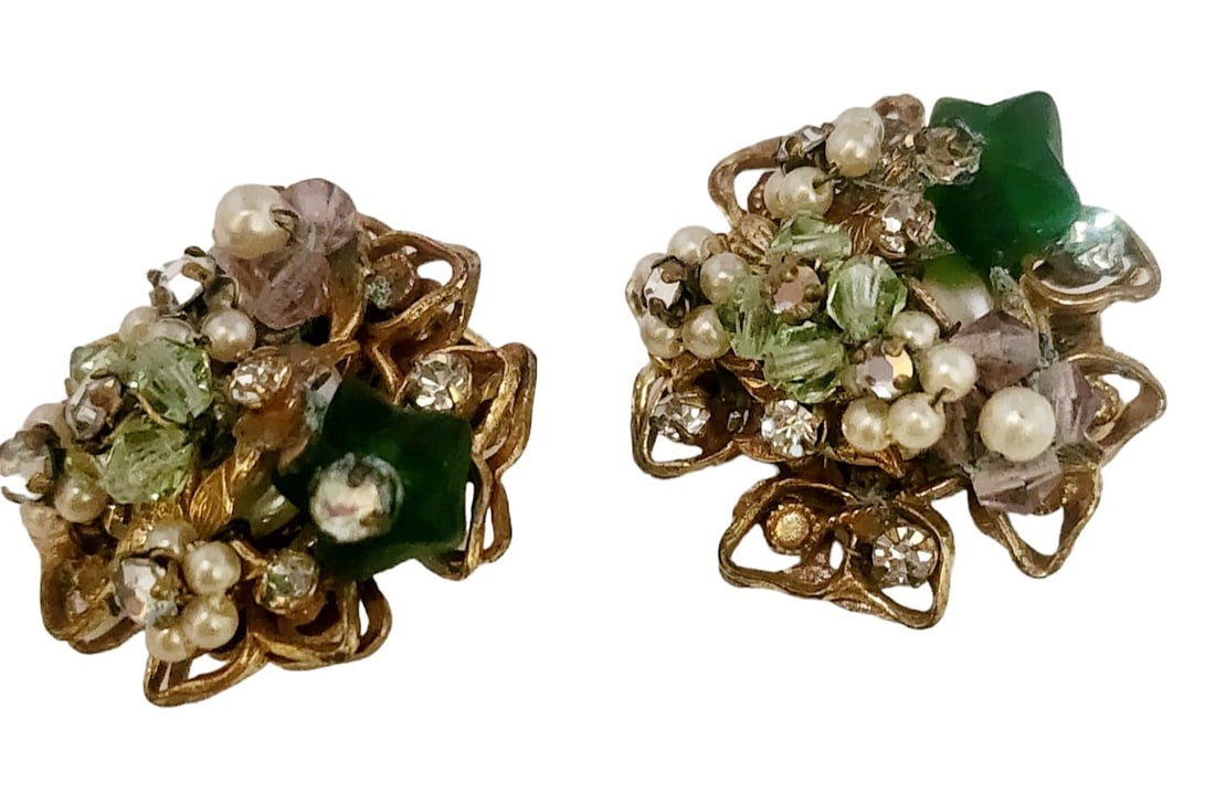 SIGNED ROBERT WIRED GLASS CRYSTAL AND BRASS CLIP EARRINGS (1 of 5)