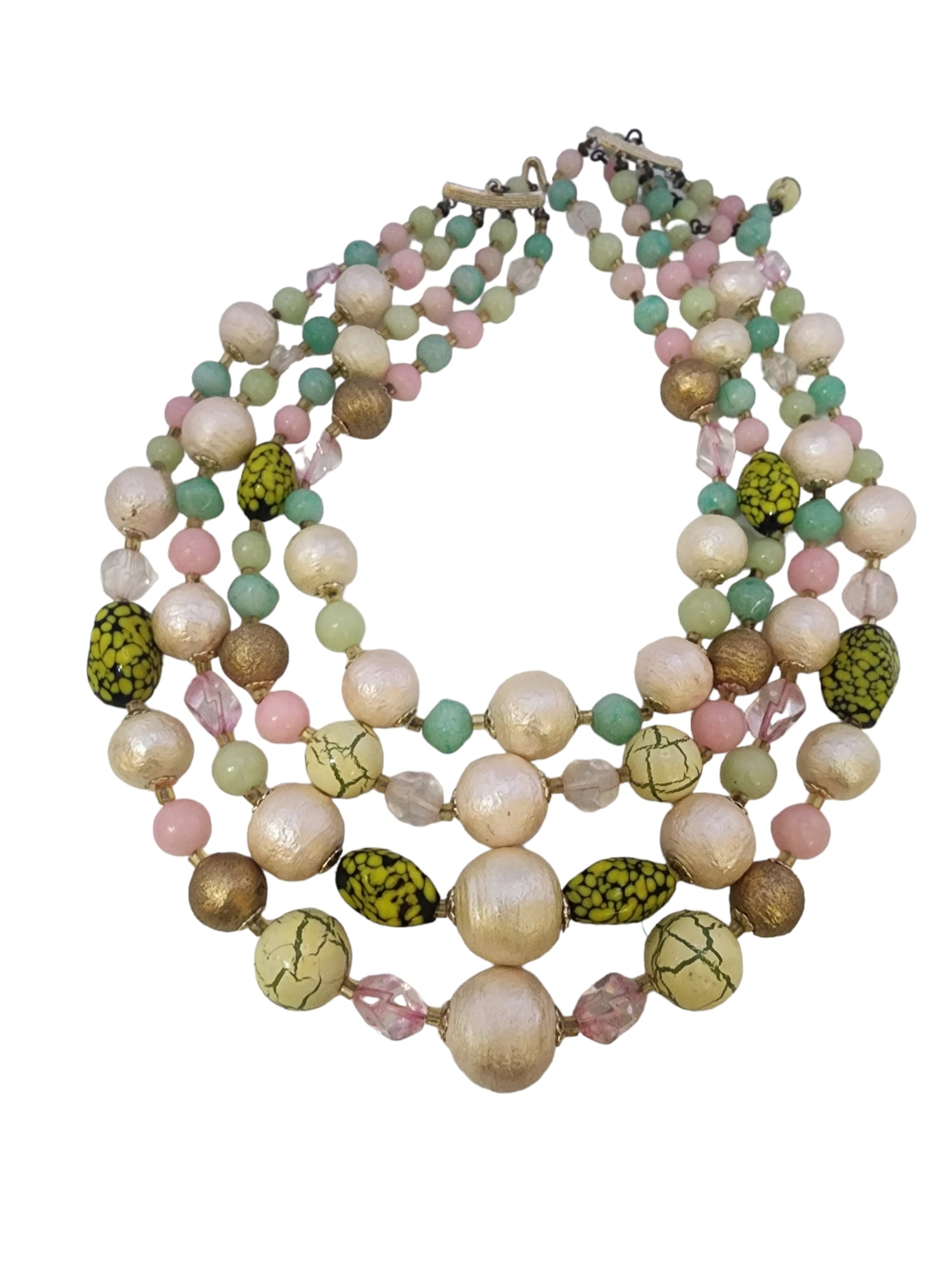 SIGNED JAPAN VINTAGE 4 STAND GLASS CRYSTAL AND RESIN NECKLACE: Signed Japan Vintage 4 Stand Glass Crystal And Resin Necklace (A5008) Size: 16" TO ABOUT 19". Color: MULTICOLOR Condition: VERY GOOD VINTAGE Signed: JAPAN