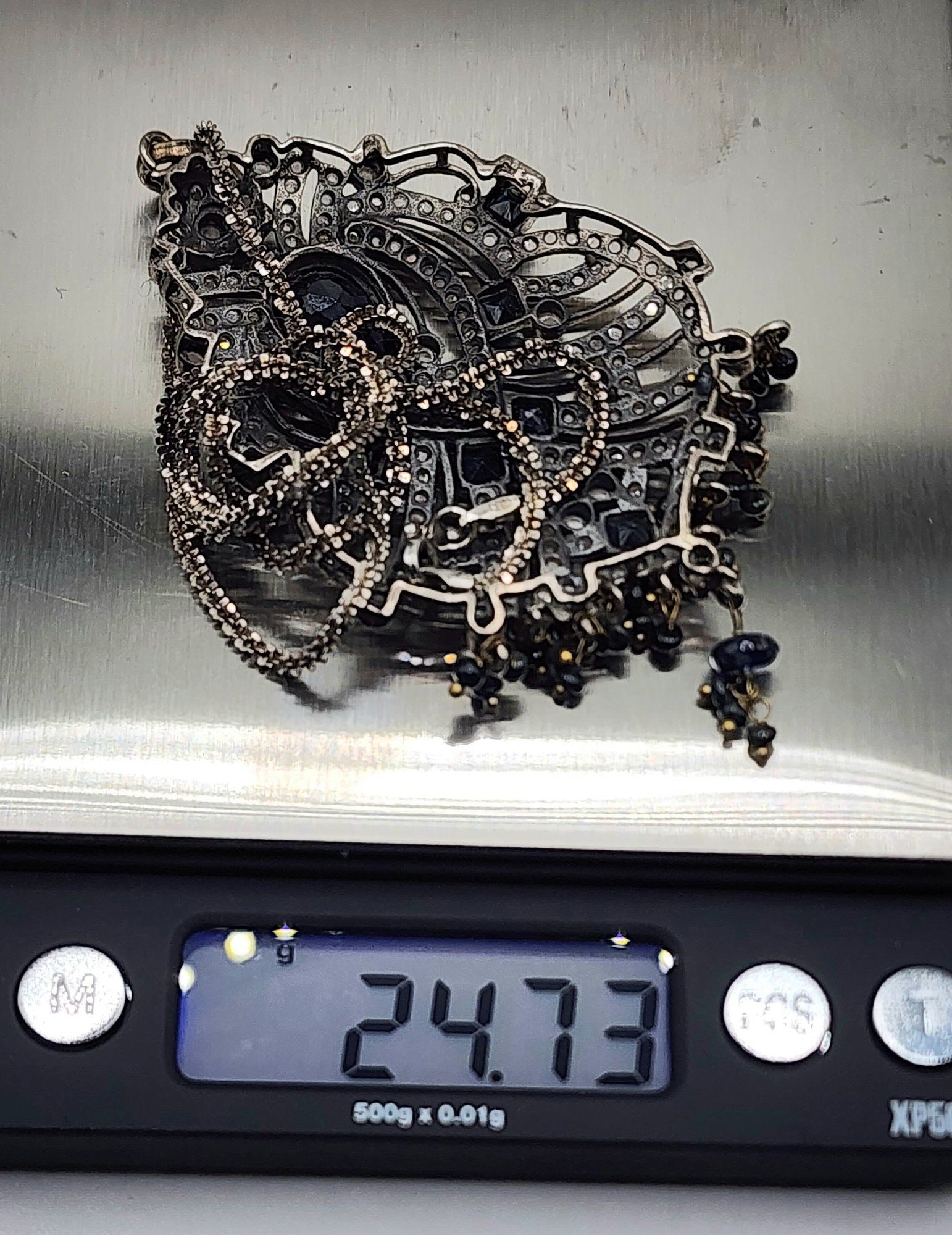 VINTAGE STERLING SILVER JEWELED PENDANT NECKLACE - 5