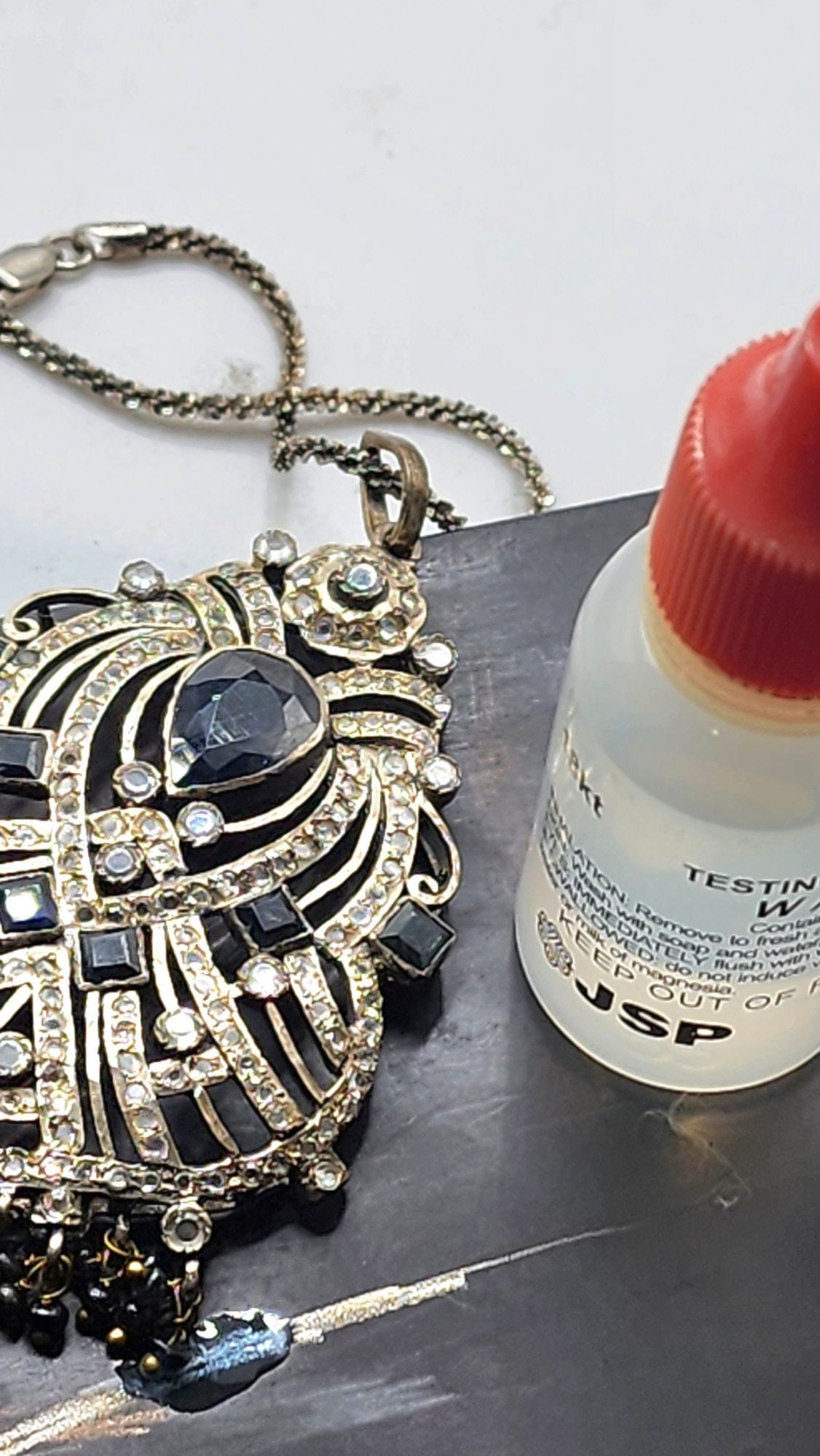 VINTAGE STERLING SILVER JEWELED PENDANT NECKLACE - 7