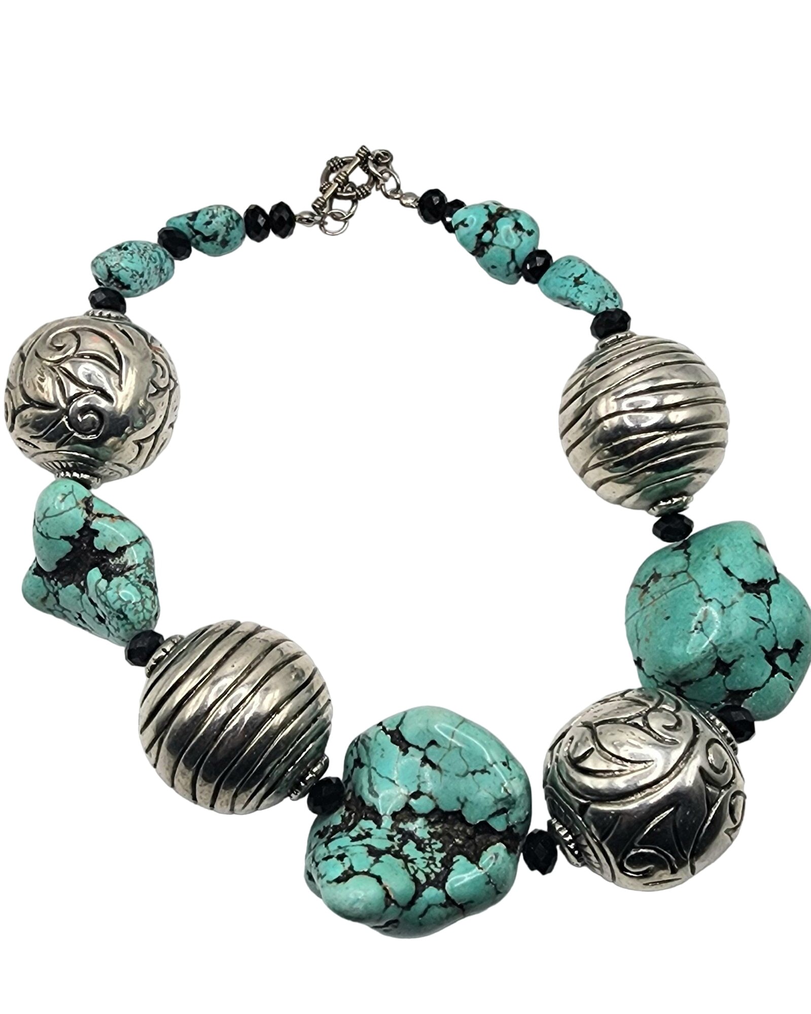 VINTAGE CHUNKY STONE CRYSTAL NECKLACE: Vintage Chunky Stone Crystal Necklace (A5048) Size: 18" Color: Silver, Turquoise, Black Condition: Very good vintage Signed: None Details: Crystals and turquoise stones with toggle closure
