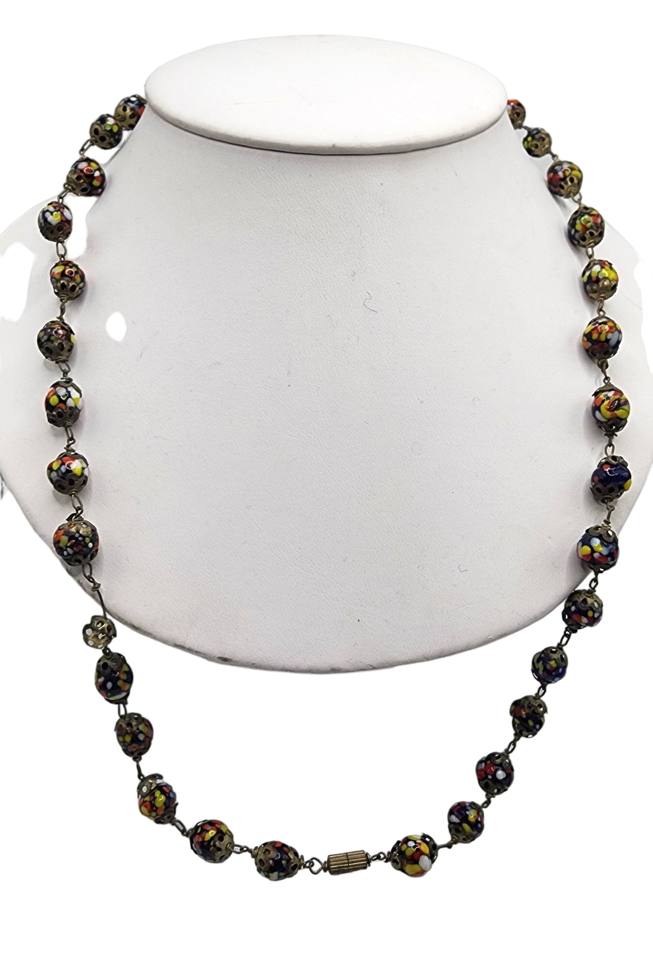 VINTAGE MILLEFIORI GLASS BEADED NECKLACE: Vintage Millefiori Glass Beaded Necklace (A5064) Size: 24" Color: Multicolor Condition: Very good vintage Signed: None Details: Barrel clasp.