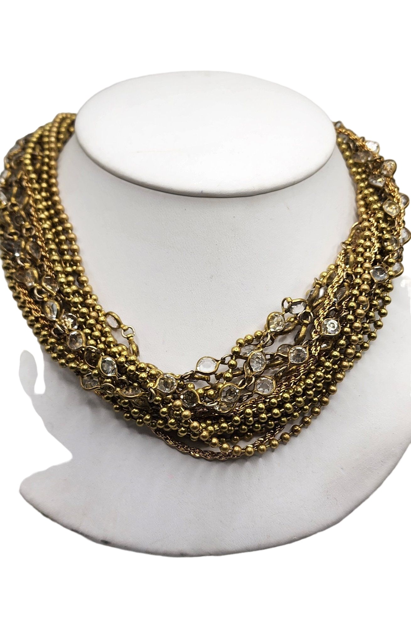 VINTAGE FAUX CRYSTAL & BEAD CHAIN MULTI STRAND NECKLACE: Vintage Faux Crystal & Bead Chain Multi Strand Necklace (A5065) Size: 18" Color: Gold, Clear Condition: Very good vintage Signed: None Details: Some light tarnishing to metal chains.