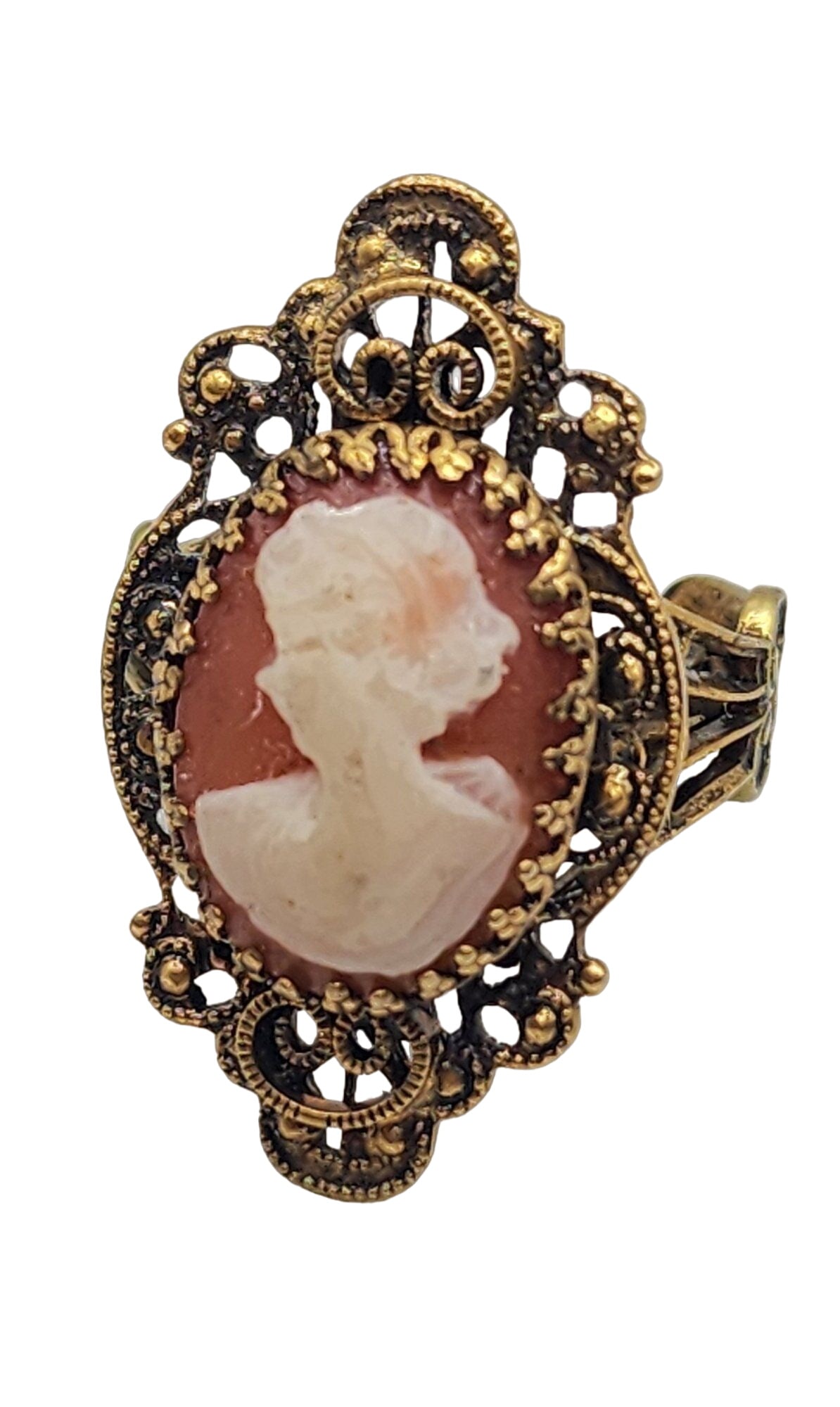 VINTAGE NOS ADJUSTABLE CAMEO RING: Vintage NOS Adjustable Cameo Ring (A5067) Size: can be adjusted at most to about 8.5 inches. Color: Gold, white Condition: Very good vintage - new old stock Signed: None Details: Great detailing!