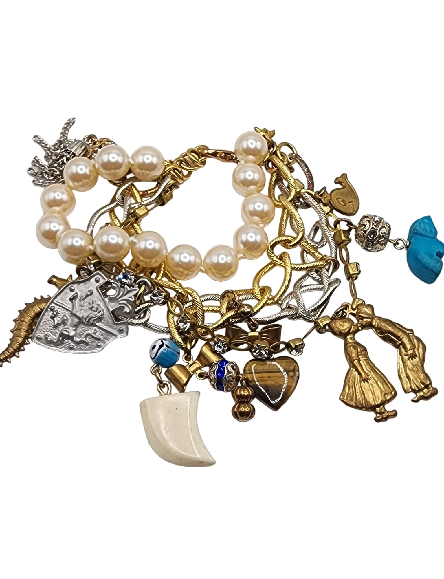 VINTAGE FAUX PEARL & CHAIN CHARM BRACELET: Vintage Faux Pearl & Chain Charm Bracelet (A5068) Size: 7.5 inches Condition: Very good vintage Signed: None Details: semi-precious charms. The elephant charm has a broken trunk. Rhinestone chain