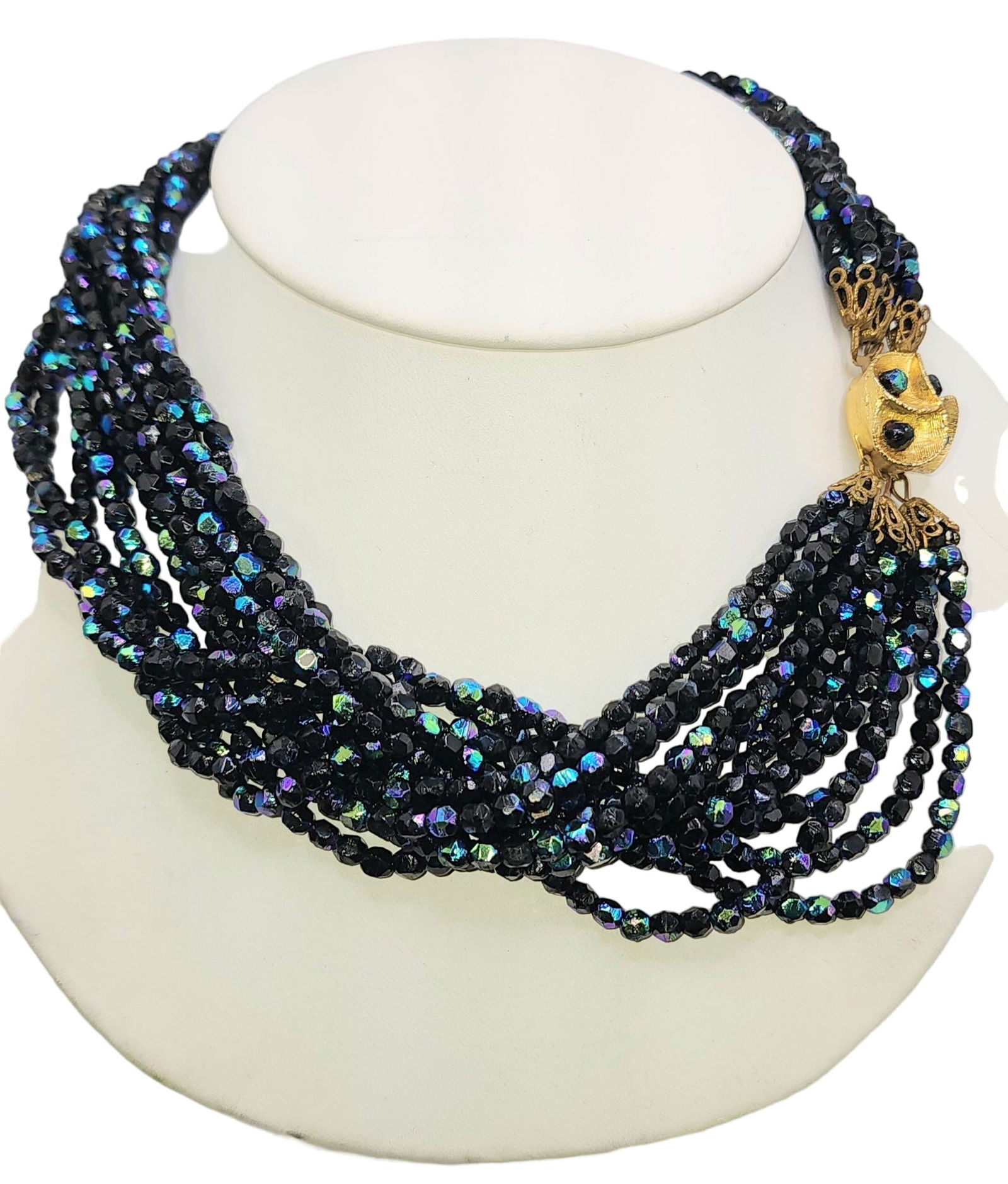 VINTAGE AB CRYSTAL TORSADE NECKLACE: Vintage AB Crystal Torsade Necklace (A5069) Size: 17" Color: Black, gold Condition: Very good vintage Signed: None Details: beaded necklace, some loose threads at one end.