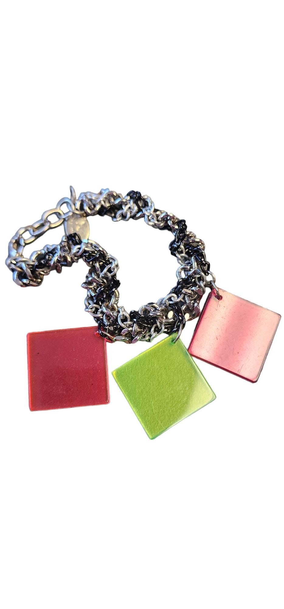 VINTAGE SIGNED NOS BEE CHARMING BRAIDED CHAIN PLEXIGLASS CHARM BRACELET: Vintage Signed NOS Bee Charming Braided Chain Plexiglass Charm Bracelet (A5129) Size: 7.5" Color: Multicolor Condition: New old stock Era: Circa 2000s Signed: Bee Charming Details: Braided chain