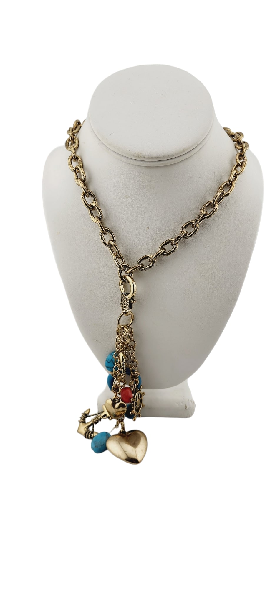 VINTAGE NOS HEAVY NAUTICAL CHARM NECKLACE OR KEY RING: Vintage NOS Heavy Nautical Charm Necklace Or Key Ring (A5155) Size: Chain: 28", charms: 5". Color: Gold, blue, red Condition: Very good - New old stock Signed: None Details: Can be worn as a necklace