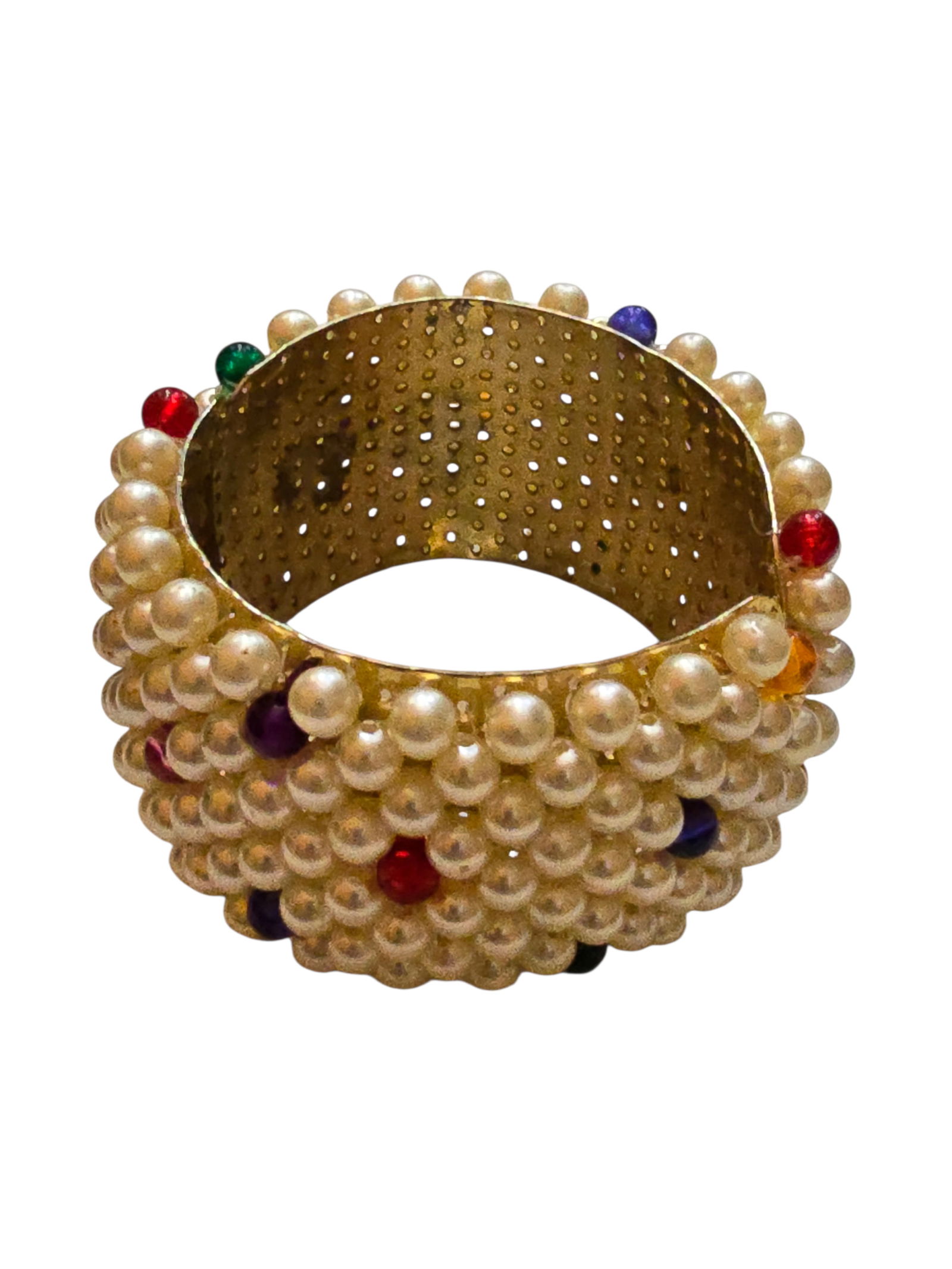 VINTAGE 80S FUN PEARL AND ACRYLIC BEADED WIDE BANGLE CLAMPER BRACELET (1 of 4)