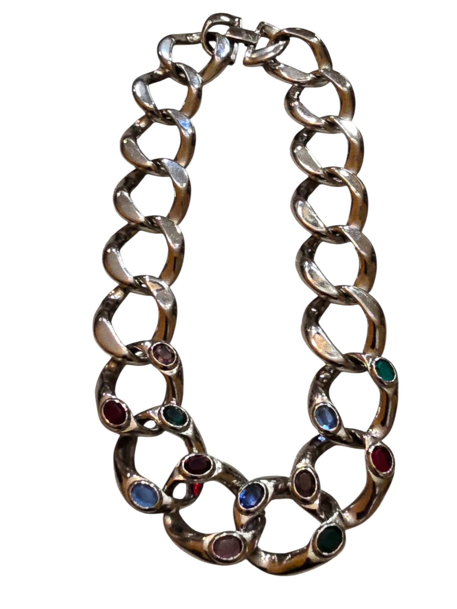 VINTAGE SILVERTONE 80S WIDE CURBLINK AND MOGUL STONE CHAIN COLLAR NECKLACE (1 of 4)