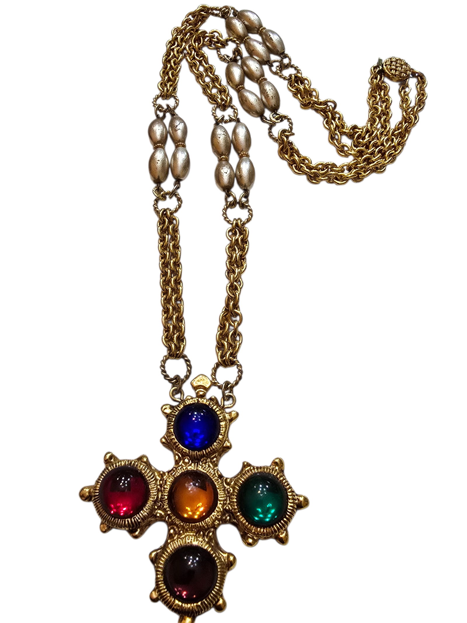 VINTAGE 80S MATTE GOLD AND GLASS MOGUL CROSS PENDANT NECKLACE (1 of 5)