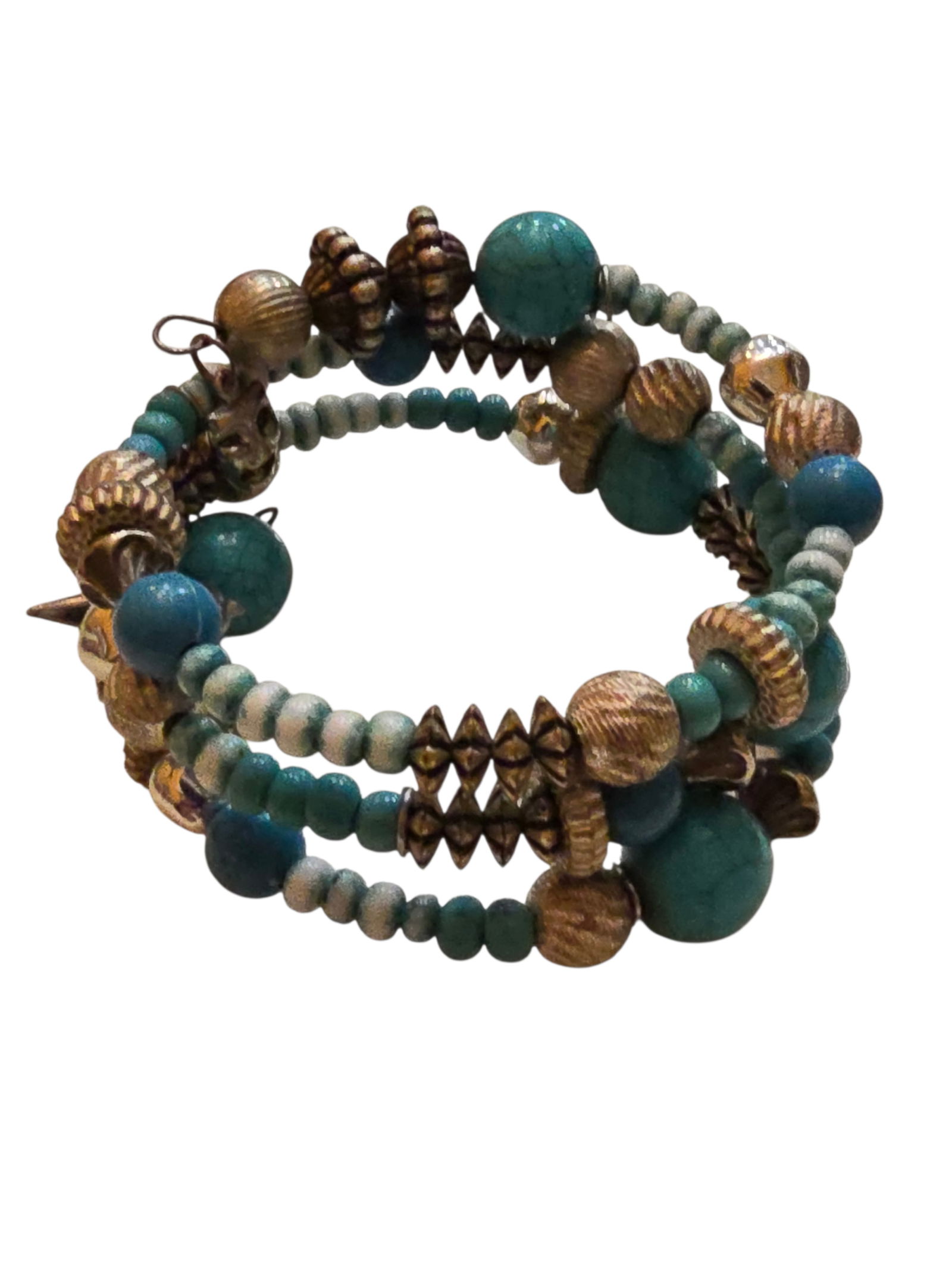 VINTAGE FAUX TURQUOISE AND SILVER MEMORY WIRE WRAP BRACELET WITH HANGING CHARMS (1 of 5)