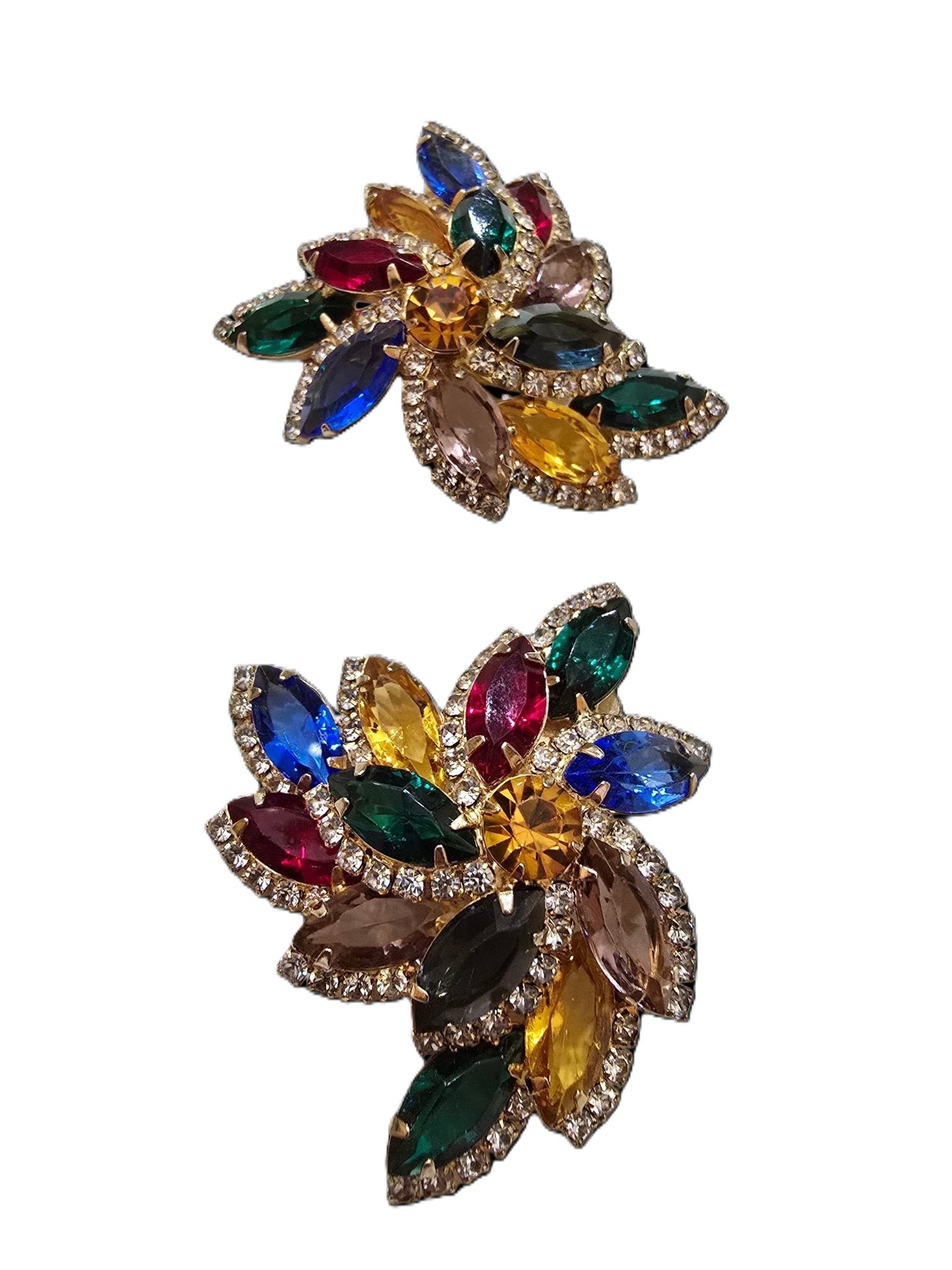 AMAZING WELL MADE HUGE MULTI-COLORED GLASS AND RHINESTONE CLIP EARRINGS (1 of 7)