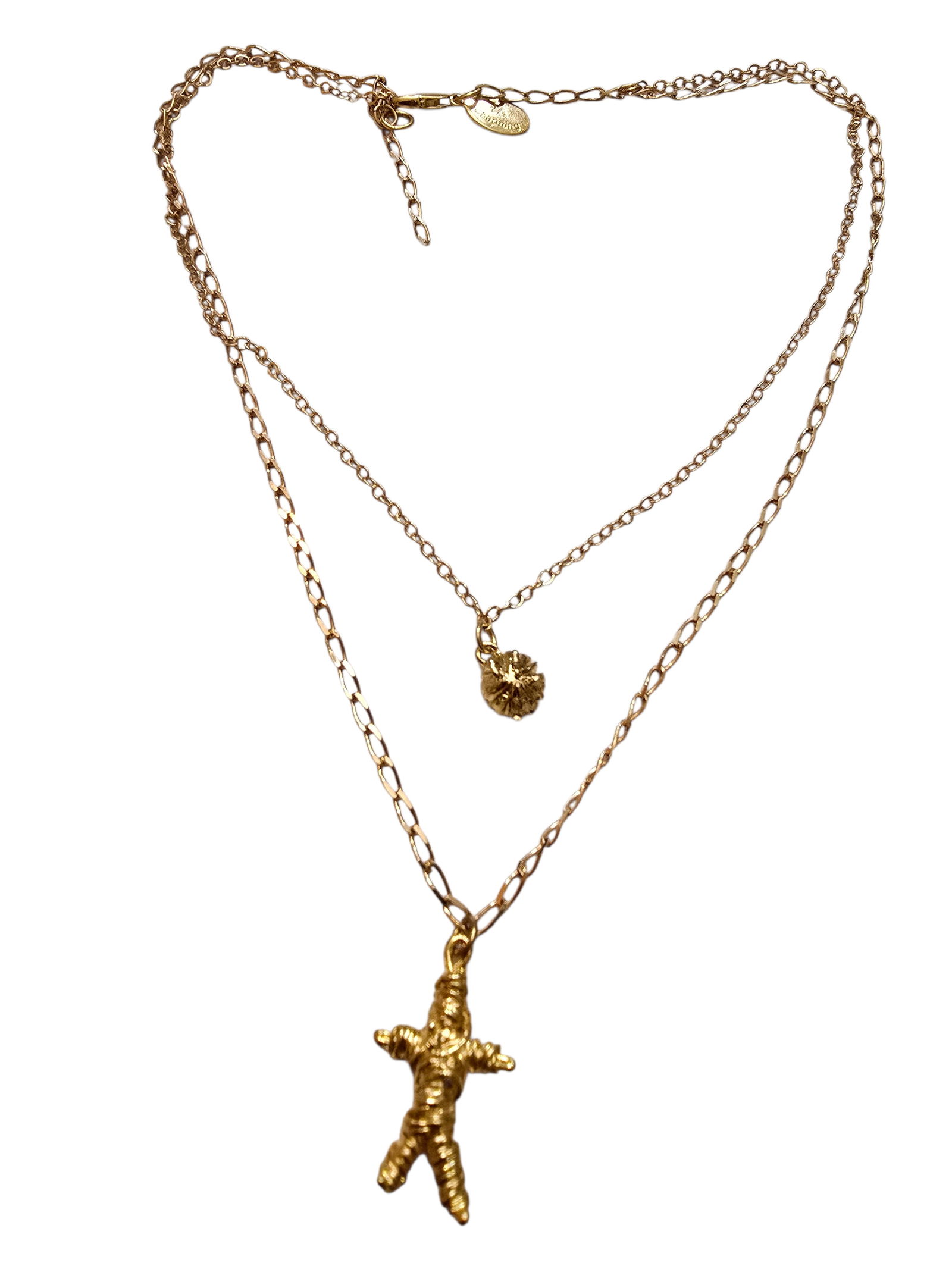 VINTAGE NOS BEE CHARMING DOUBLE STRAND VOODOO DOLL AND PINCUSHION NECKLACE GOLDTONE: VINTAGE NOS BEE CHARMING DOUBLE STRAND VOODOO DOLL AND PINCUSHION NECKLACE GOLDTONE. APPROX 16-18". IN VERY GOOD CONDITION, SIGNED.