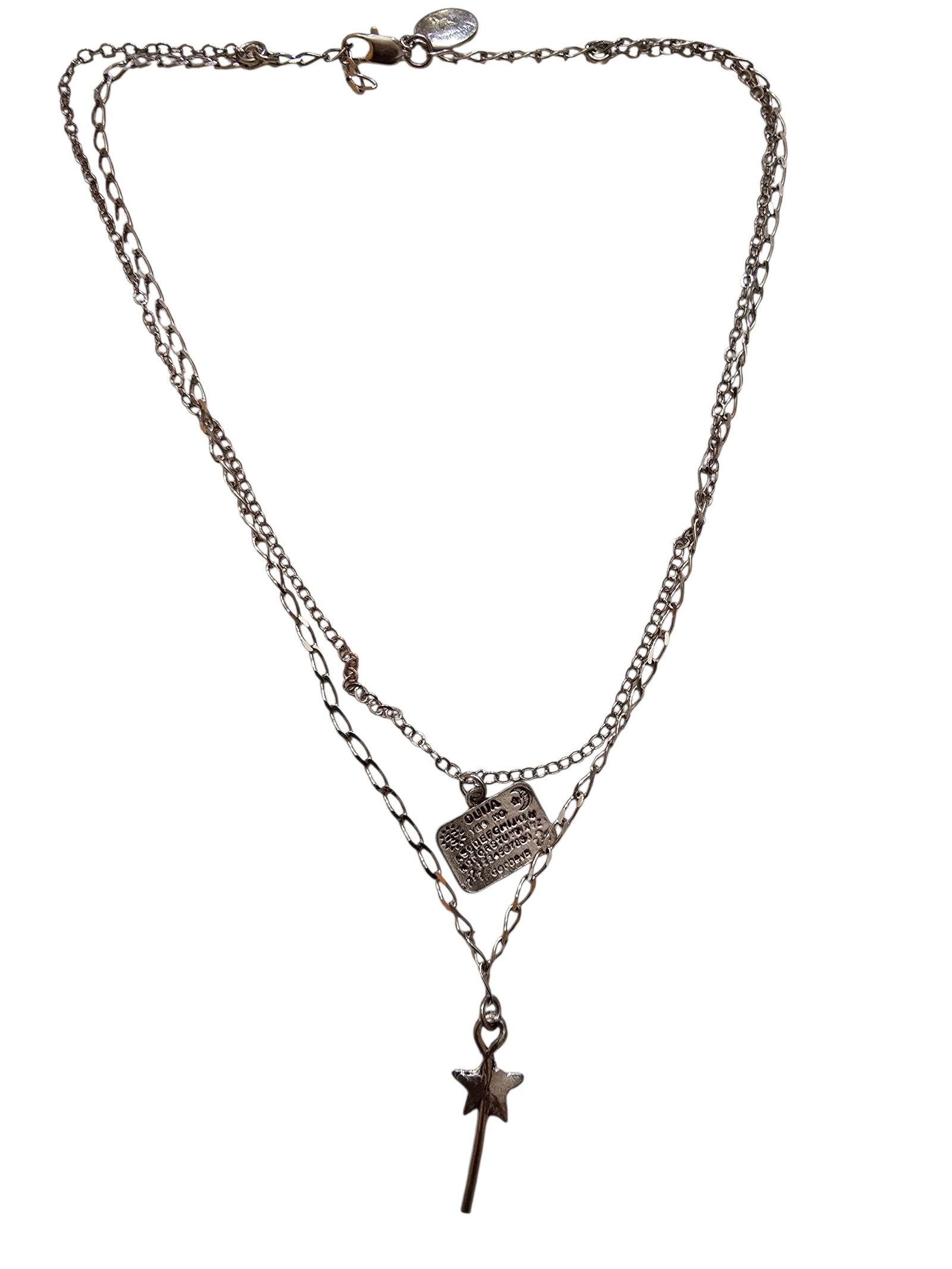 VINTAGE NOS BEE CHARMING DOUBLE STRAND QUIJI BOARD AND STAR SILVERTONE NECKLACE: VINTAGE NOS BEE CHARMING DOUBLE STRAND QUIJI BOARD AND STAR SILVERTONE NECKLACE. APPROX 16-18". IN VERY GOOD CONDITION, SIGNED.