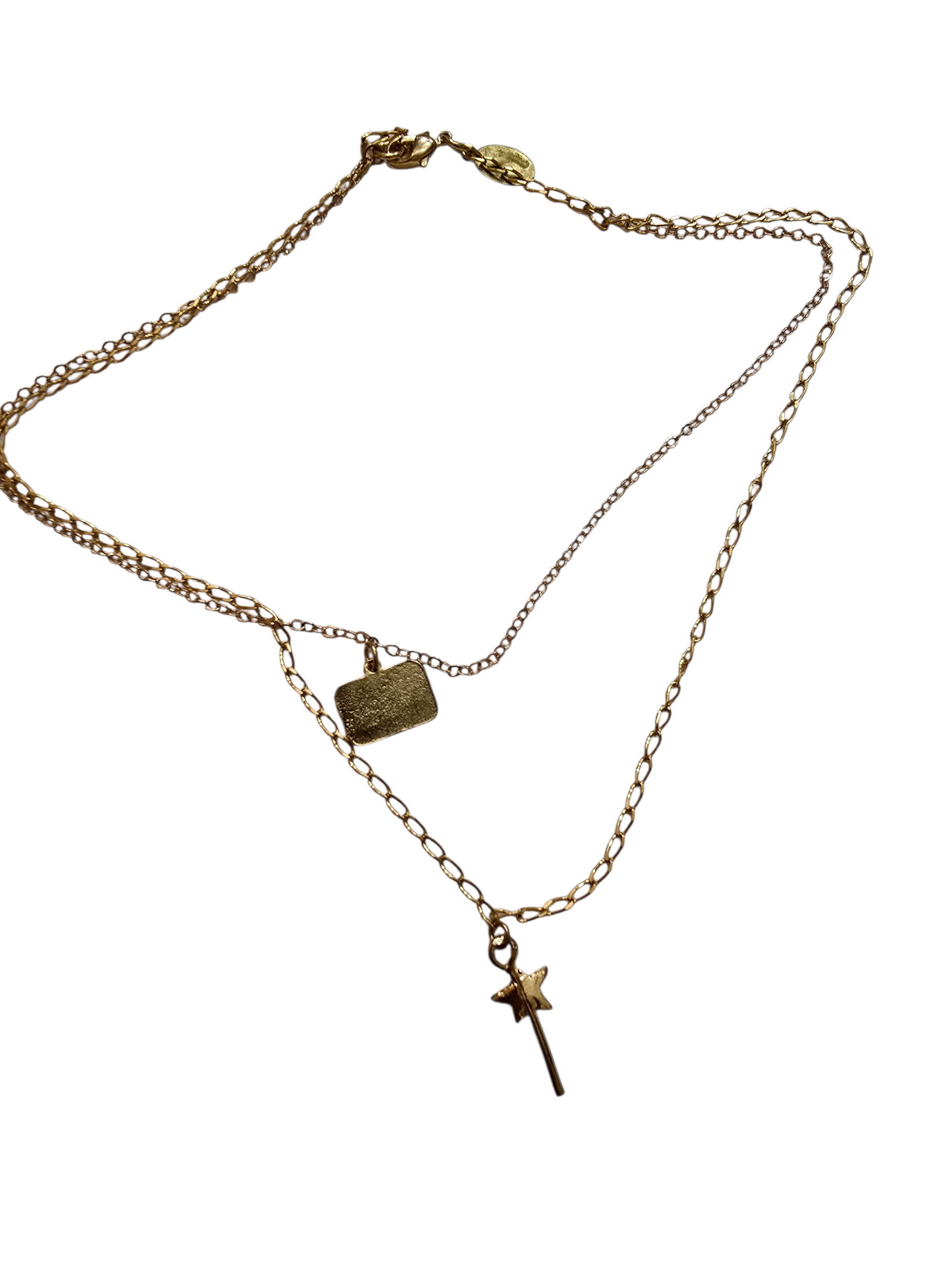 VINTAGE NOS BEE CHARMING DOUBLE STRAND QUIJI BOARD AND STAR GOLDTONE NECKLACE: VINTAGE NOS BEE CHARMING DOUBLE STRAND QUIJI BOARD AND STAR GOLDTONE NECKLACE. APPROX 16-18". IN VERY GOOD CONDITION, SIGNED.