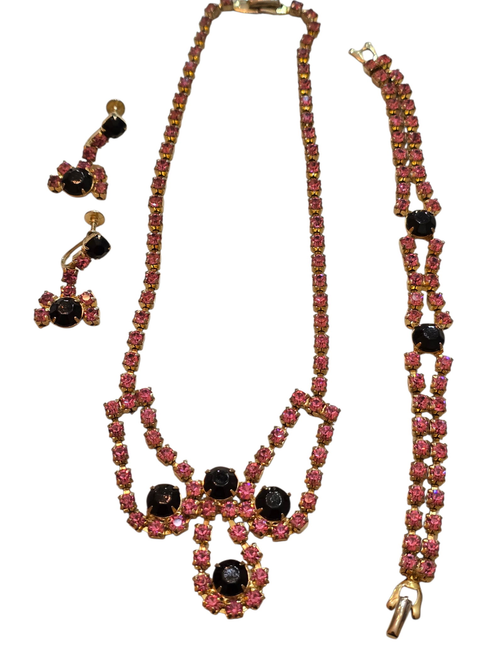 VINTAGE 3 PCS RHINESTONE NECKLACE BRACELET EARRINGS SET (1 of 5)