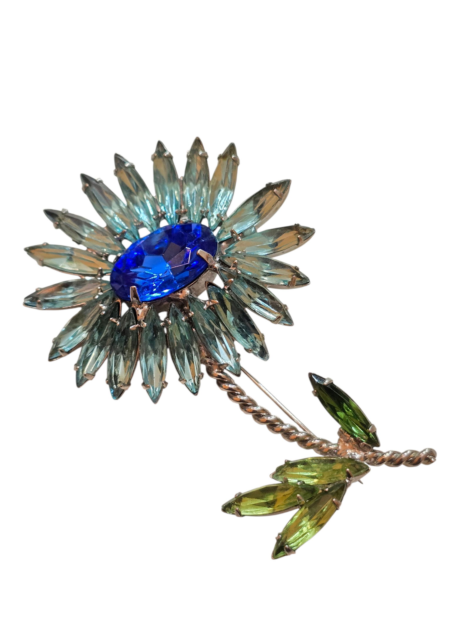 VINTAGE WELL MADE RHINESTONE NAVETTE FLOWER BROOCH ATTRIBUTED TO WEISS: VINTAGE WELL MADE RHINESTONE NAVETTE FLOWER BROOCH ATTRIBUTED TO WEISS. IN VERY GOOD CONDITION, SIMILAR TO WEISS BUT UNSIGNED. BEAUTIFUL DESIGN AND STONES. APPROX 3".