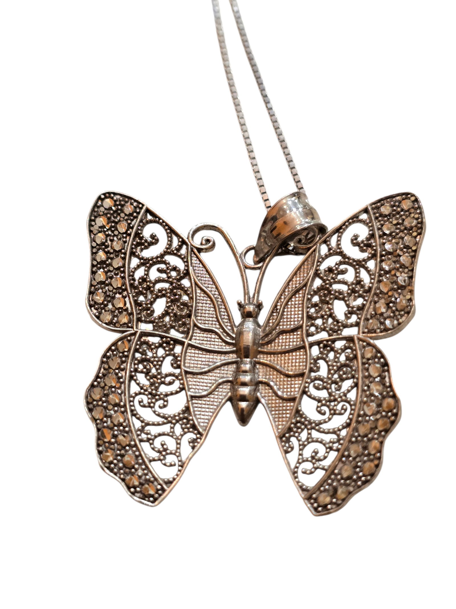 VINTAGE STERLING 925 RHINESTONE BUTTERFLY PENDANT NECKLACE - 2