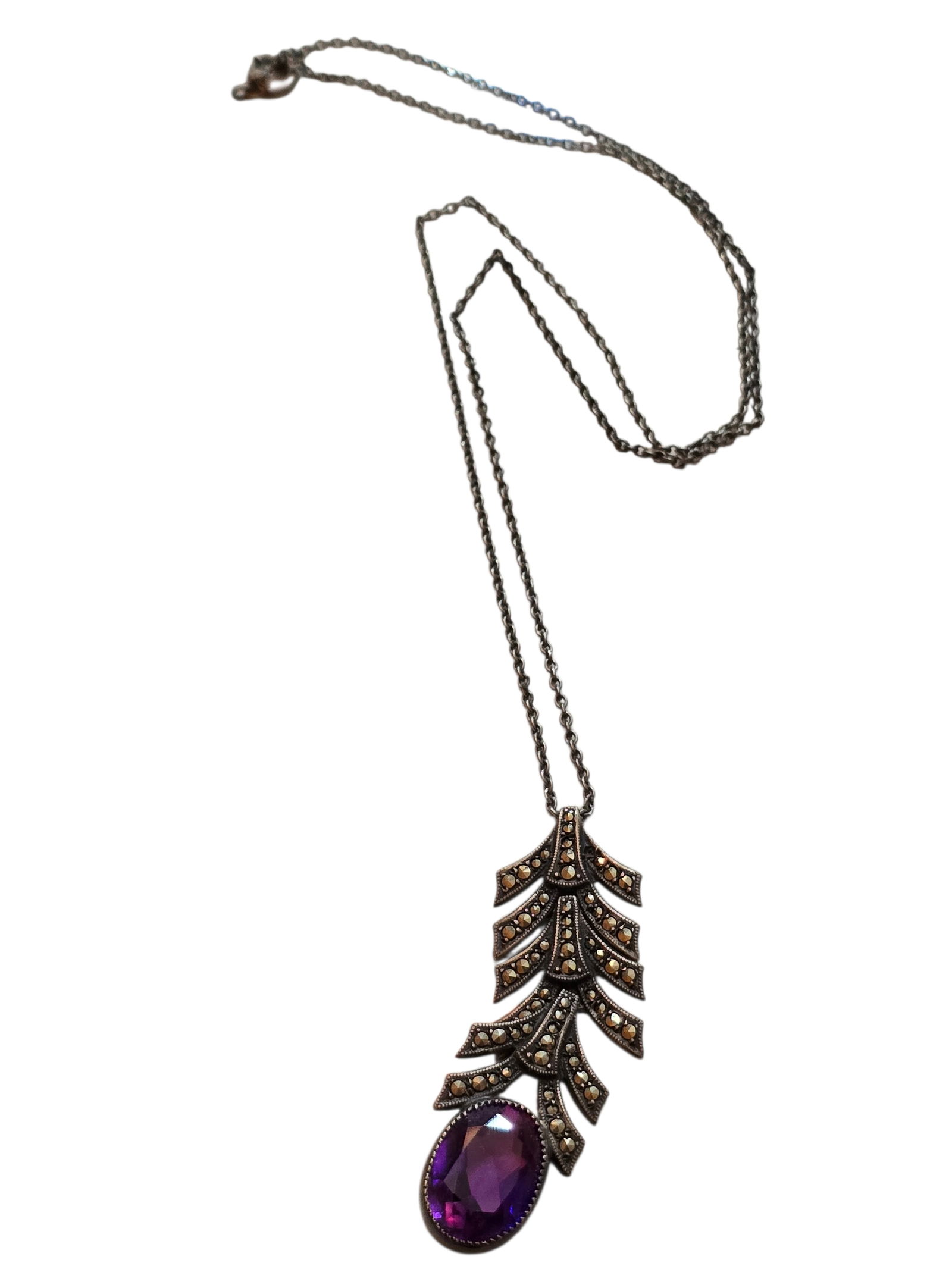 ANTIQUE FACETED GLASS MARCASITE AND STERLING PENDANT NECKLACE: ANTIQUE FACETED GLASS MARCASITE AND STERLING PENDANT NECKLACE. CHAIN 18" AND PENDANT 2". IN VERY GOOD CONDITION, OLD PIECE-HAS THUMBLESS CLASP ON CHAIN. MARK IS ON THE CLASP.