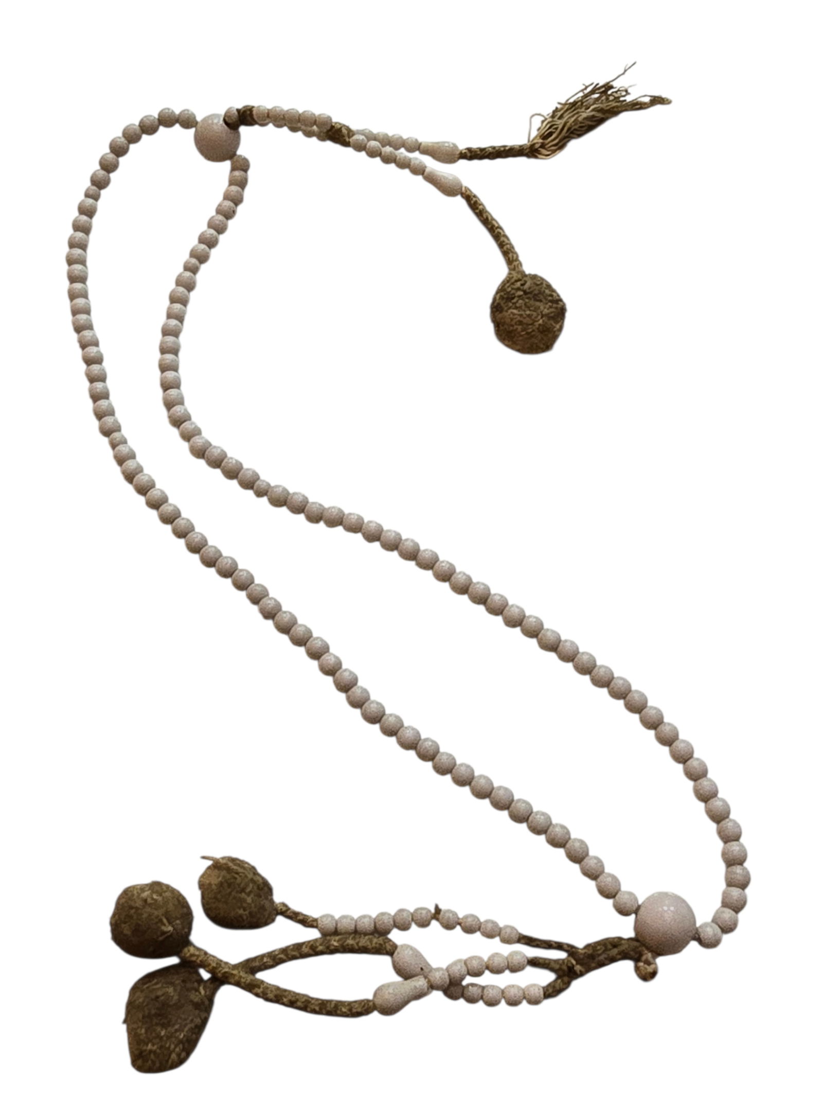 ANTIQUE MILK GLASS AND CORD TASSEL NECKLACE: ANTIQUE MILK GLASS AND CORD TASSEL NECKLACE. IN GOOD CONDITION, 1 STRING TASSEL HAS BECOME UNDONE. IT’S A STRAND NOT A BALL. IT’S A LOOPOVER, OPENING IS 19". THERE ARE 3 TASSELS ON 1 SIDE 2