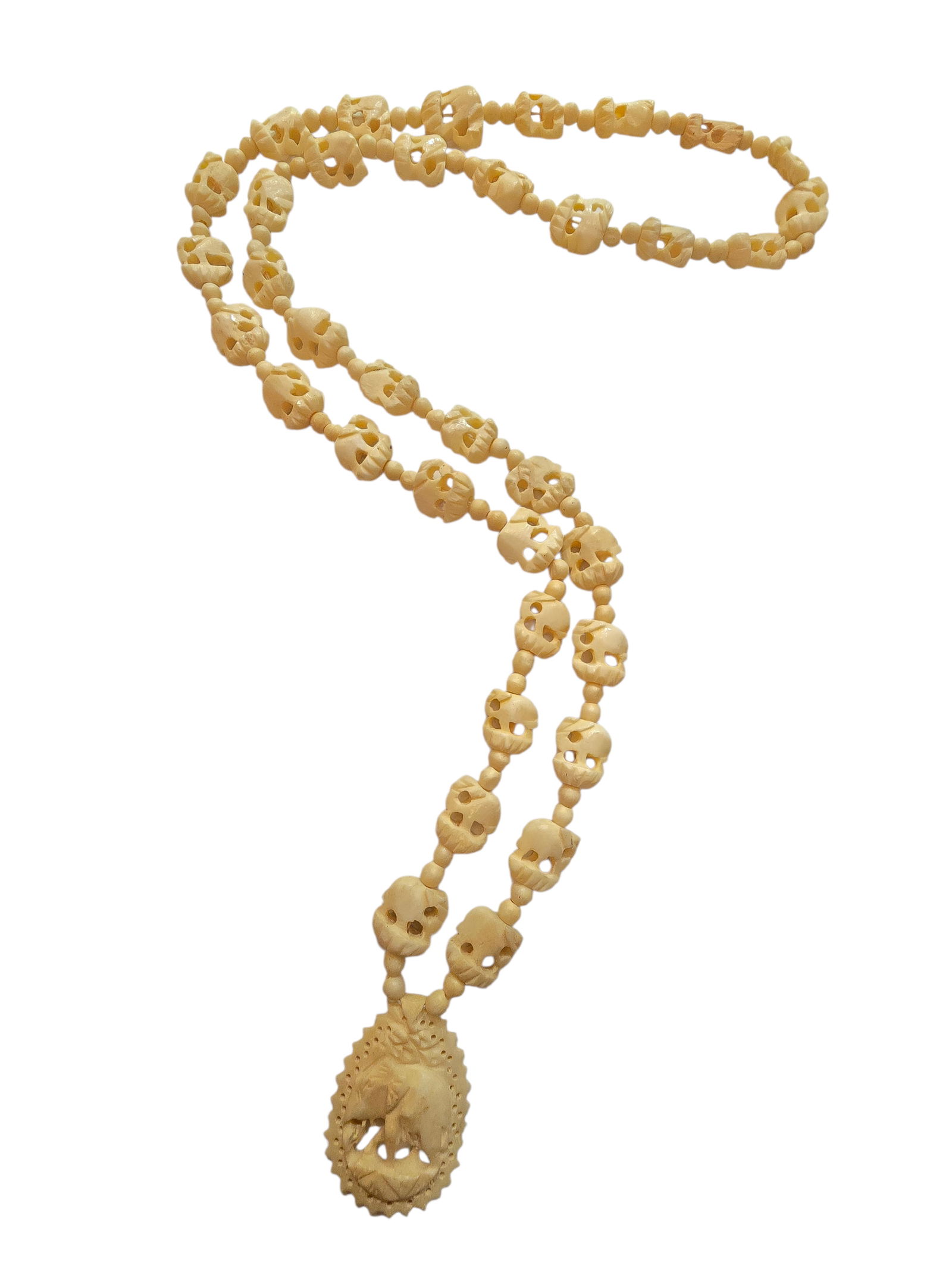 VINTAGE BONE ELEPHANT PENDANT NECKLACE: VINTAGE BONE ELEPHANT PENDANT NECKLACE. MEASURES 36" LOOPOVER. NO CLOSURE IT IS TIED. NICE PENDANT.