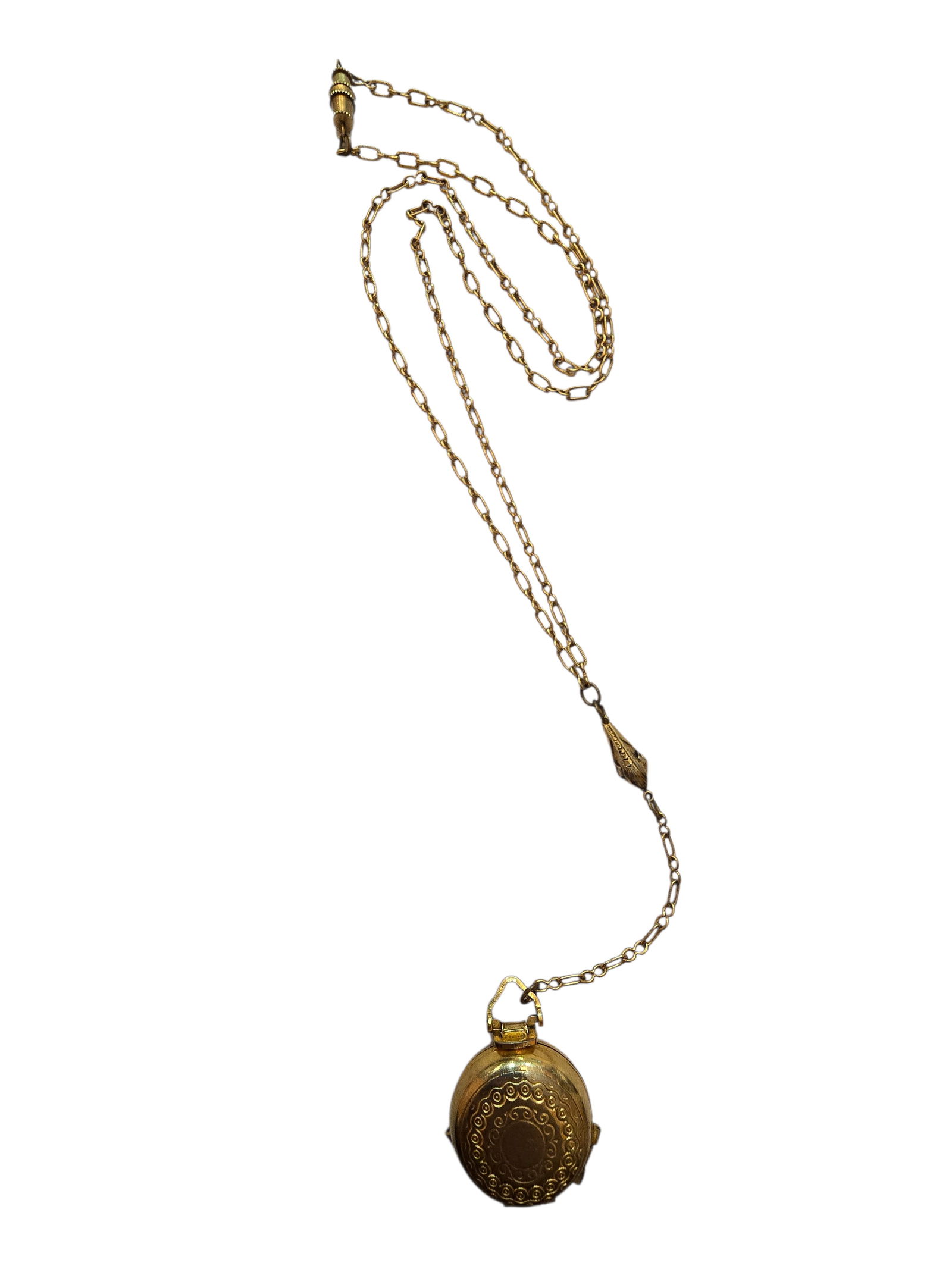 ANTIQUE 4-WAY LOCKET PENDANT NECKLACE: ANTIQUE 4-WAY LOCKET PENDANT NECKLACE. IN VERY GOOD CONDITION, 22" CHAIN WITH 4.5" DANGLE. IT’S A LITTLE TRICKY TO OPEN UP.