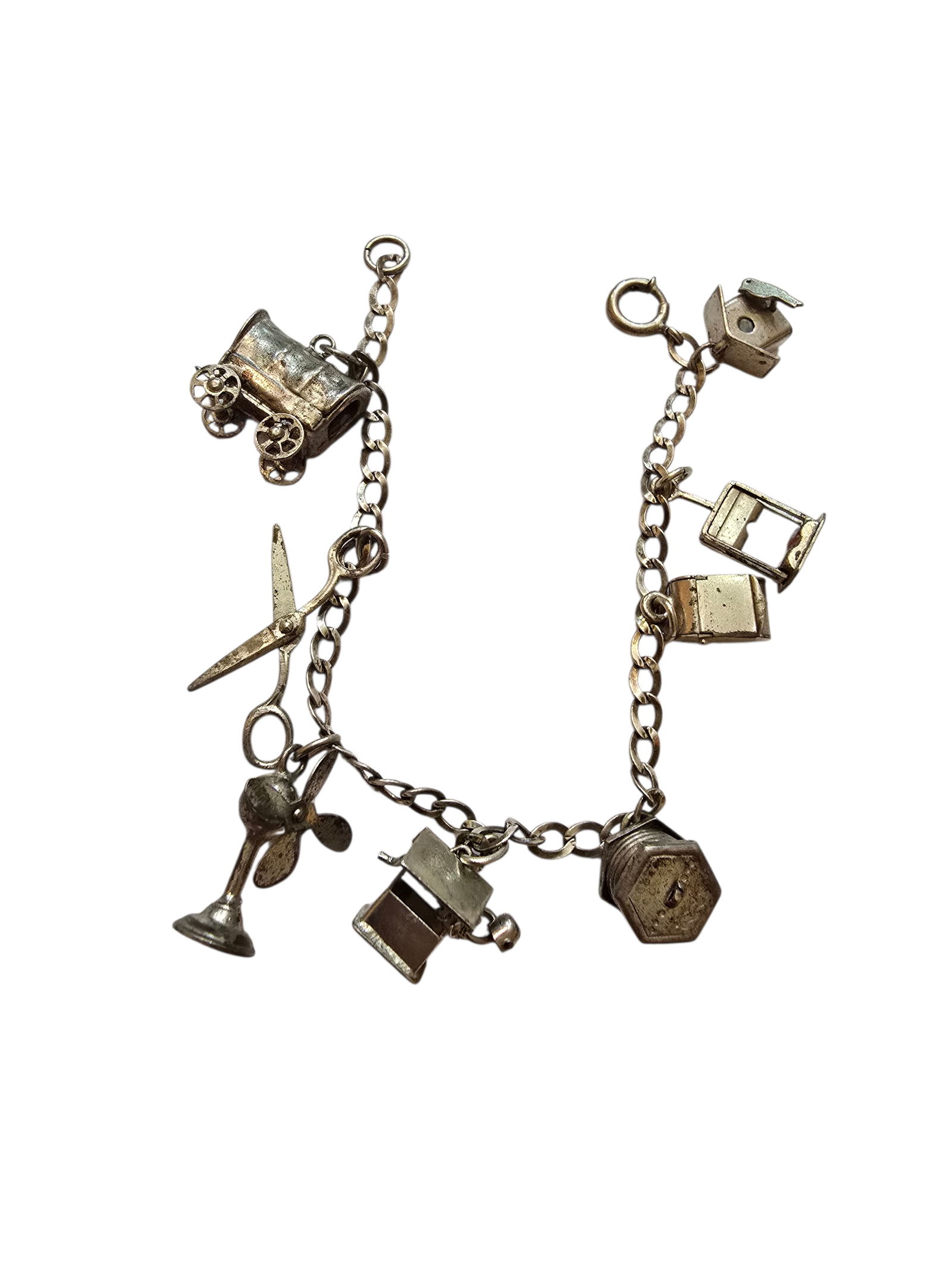 VINTAGE STERLING ARTICULATING CHARM BRACELET: VINTAGE STERLING ARTICULATING CHARM BRACELET. IN VERY GOOD CONDITION, MEASURES 7".