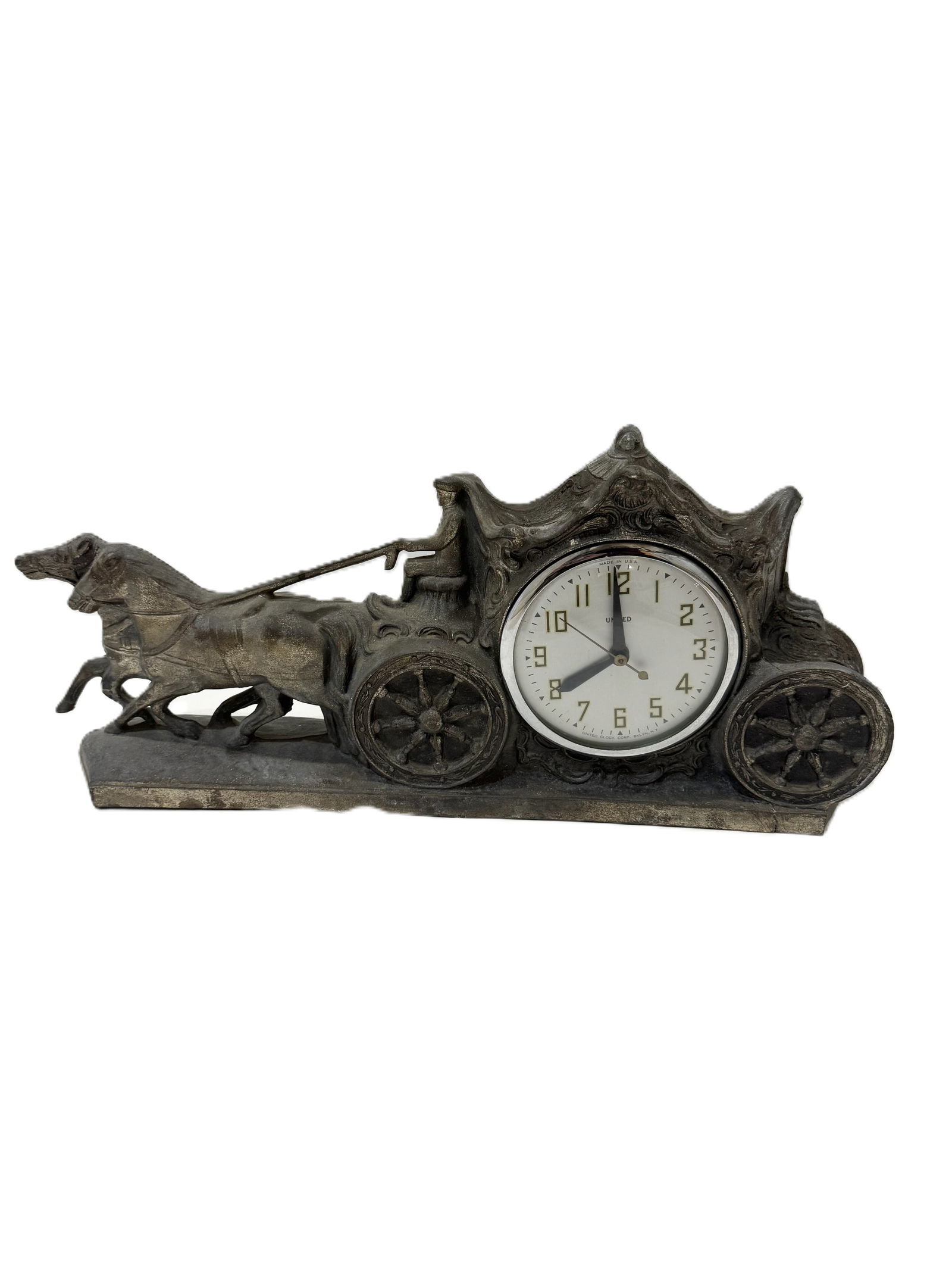 ANTIQUE UNITED ELECTRIC TWO HORSES & CARRIAGE PEWTER MADE IN USA MANTEL CLOCK (1 of 9)