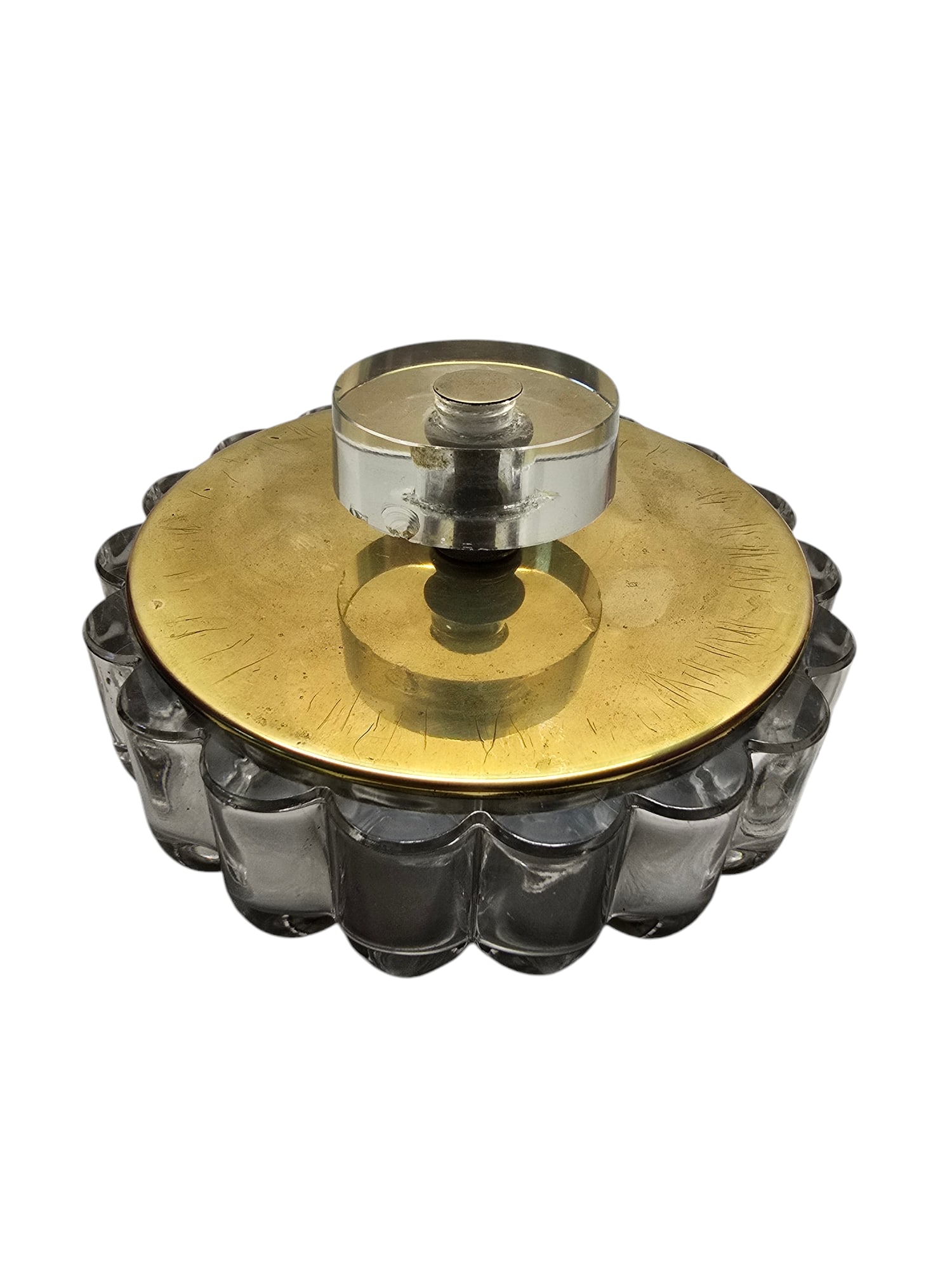 VINTAGE ART DECO BRASS AND LUCITE COVERED GLASS BOWL: VINTAGE ART DECO BRASS AND LUCITE COVERED GLASS BOWL. SOME CHIPS TO LUCITE HANDLE.