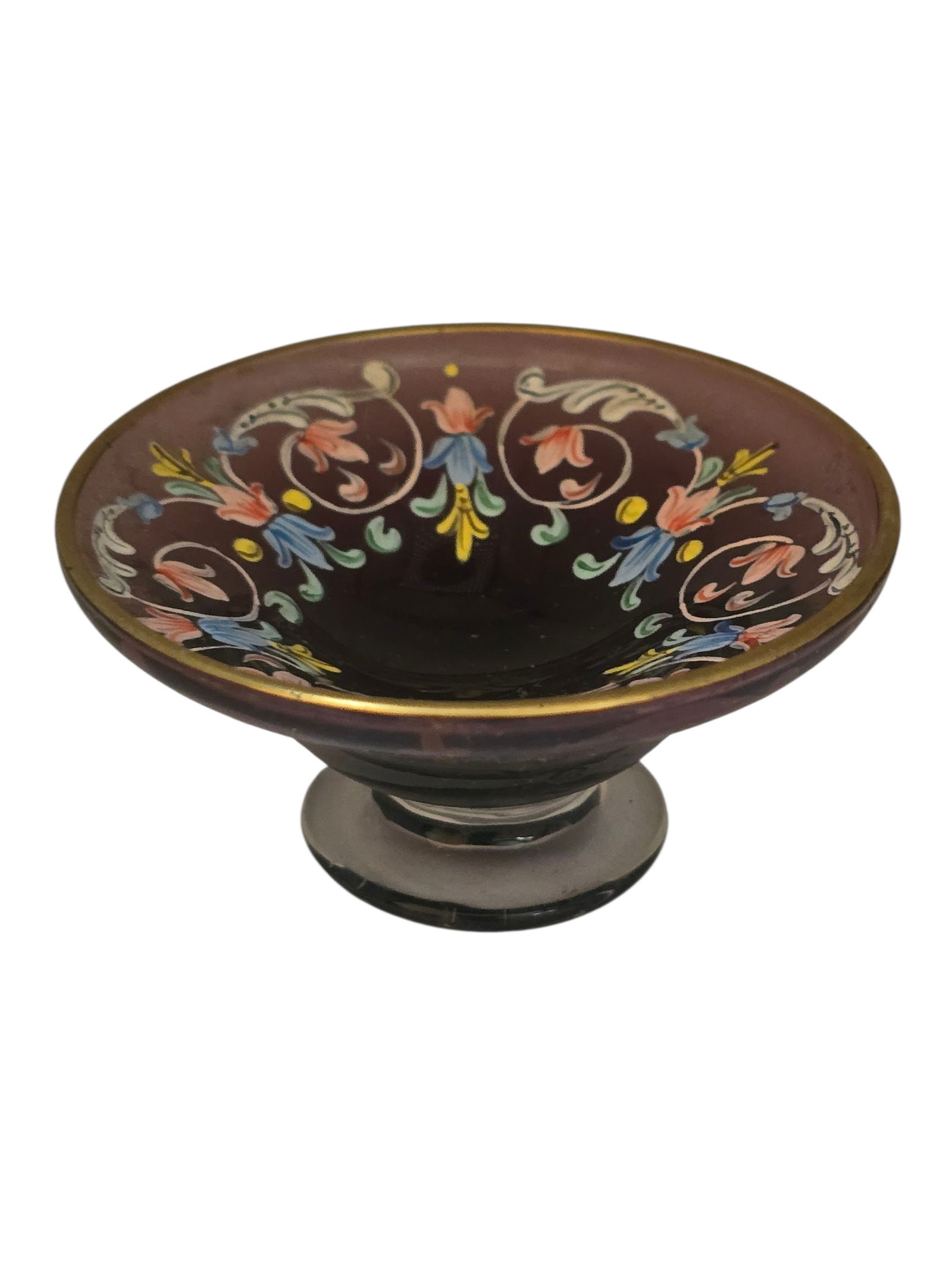 VINTAGE PURPLE PAINTED GLASS SMALL TRINKET BOWL (1 of 4)