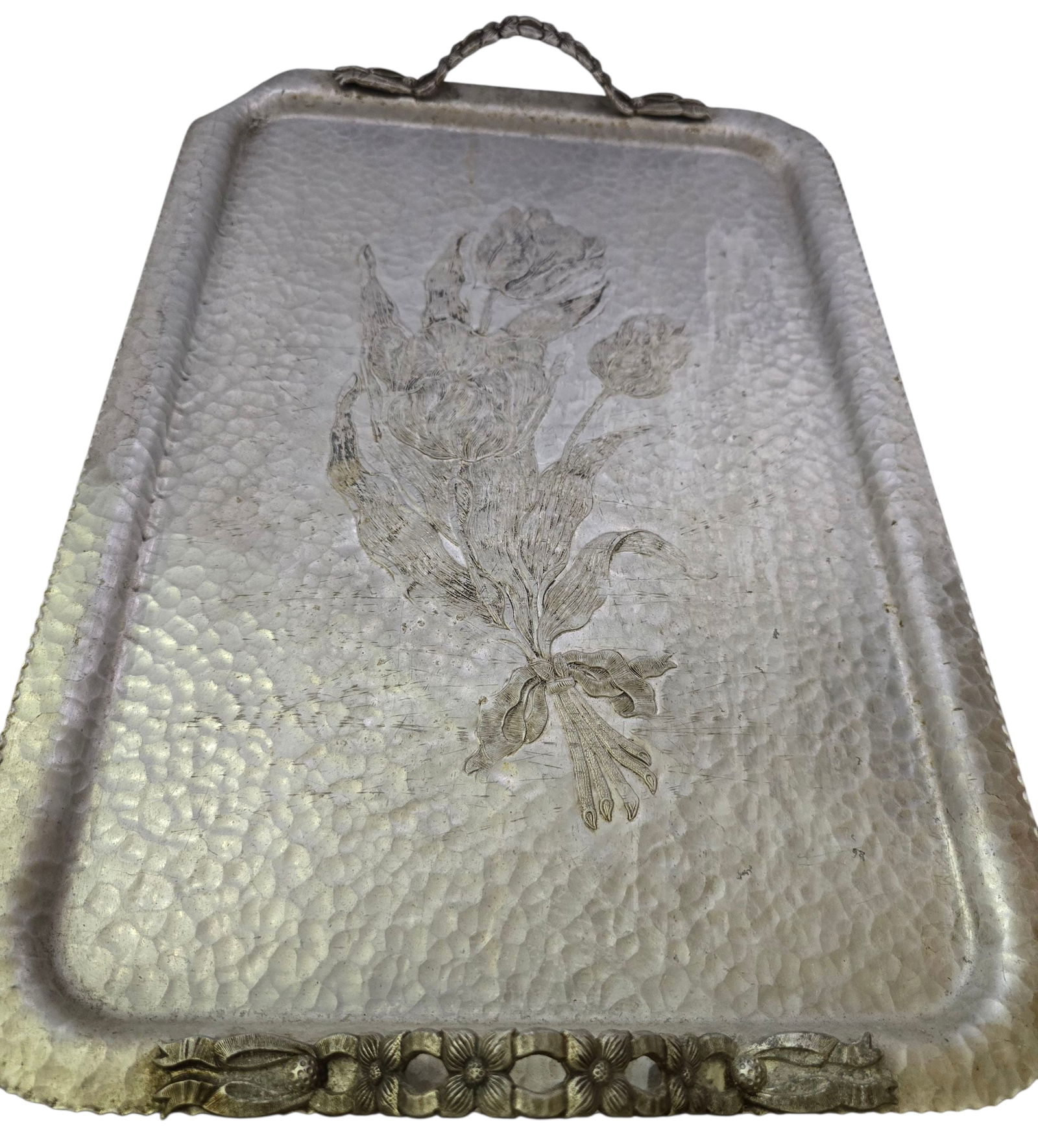 VINTAGE HAND WROUGHT ALUMINUM TRAY WITH HANDLES (1 of 4)