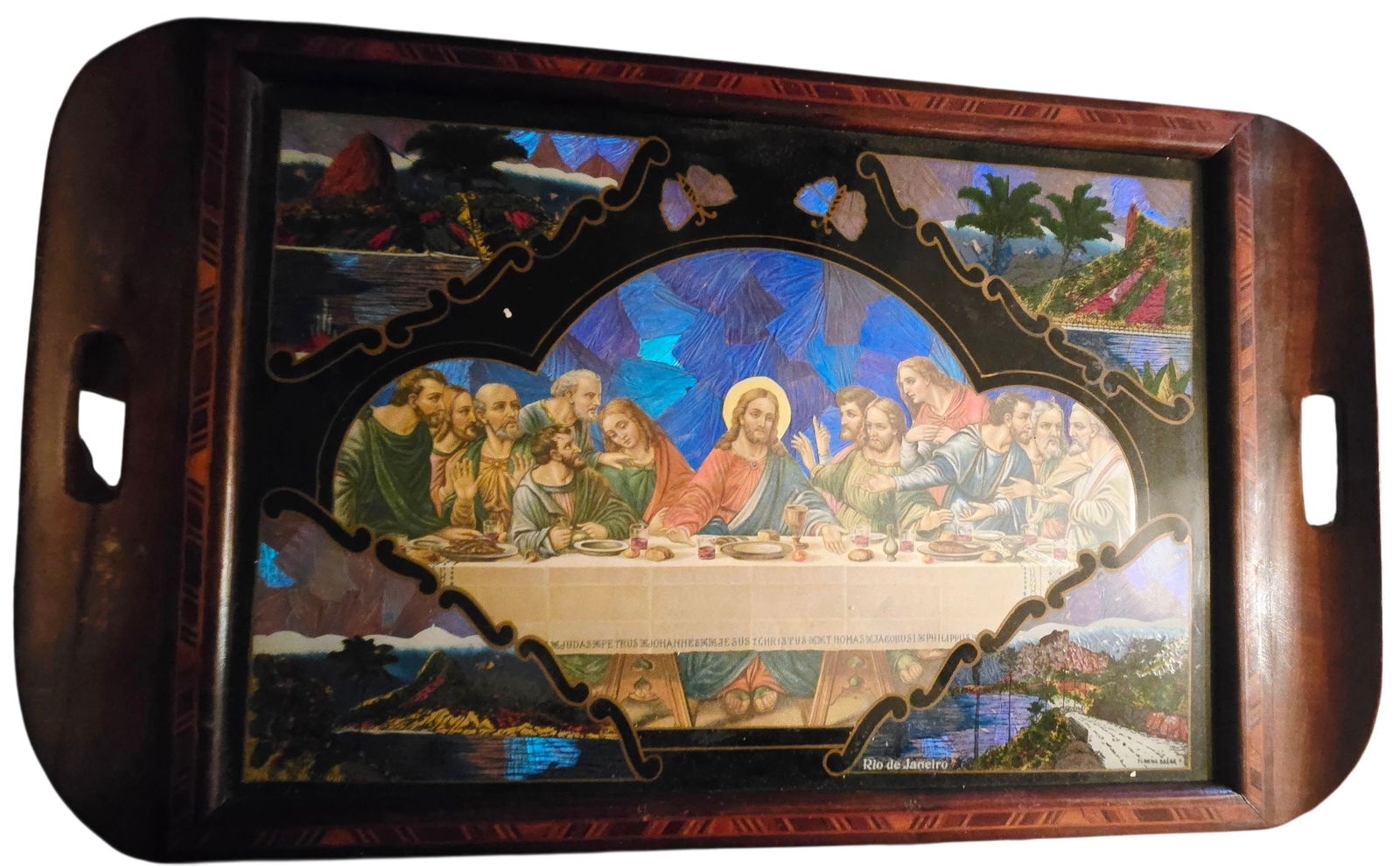 ANTIQUE BUTTERFLY WING/PRINT LAST SUPPER INLAID WOOD TRAY OR PHOTO (1 of 4)