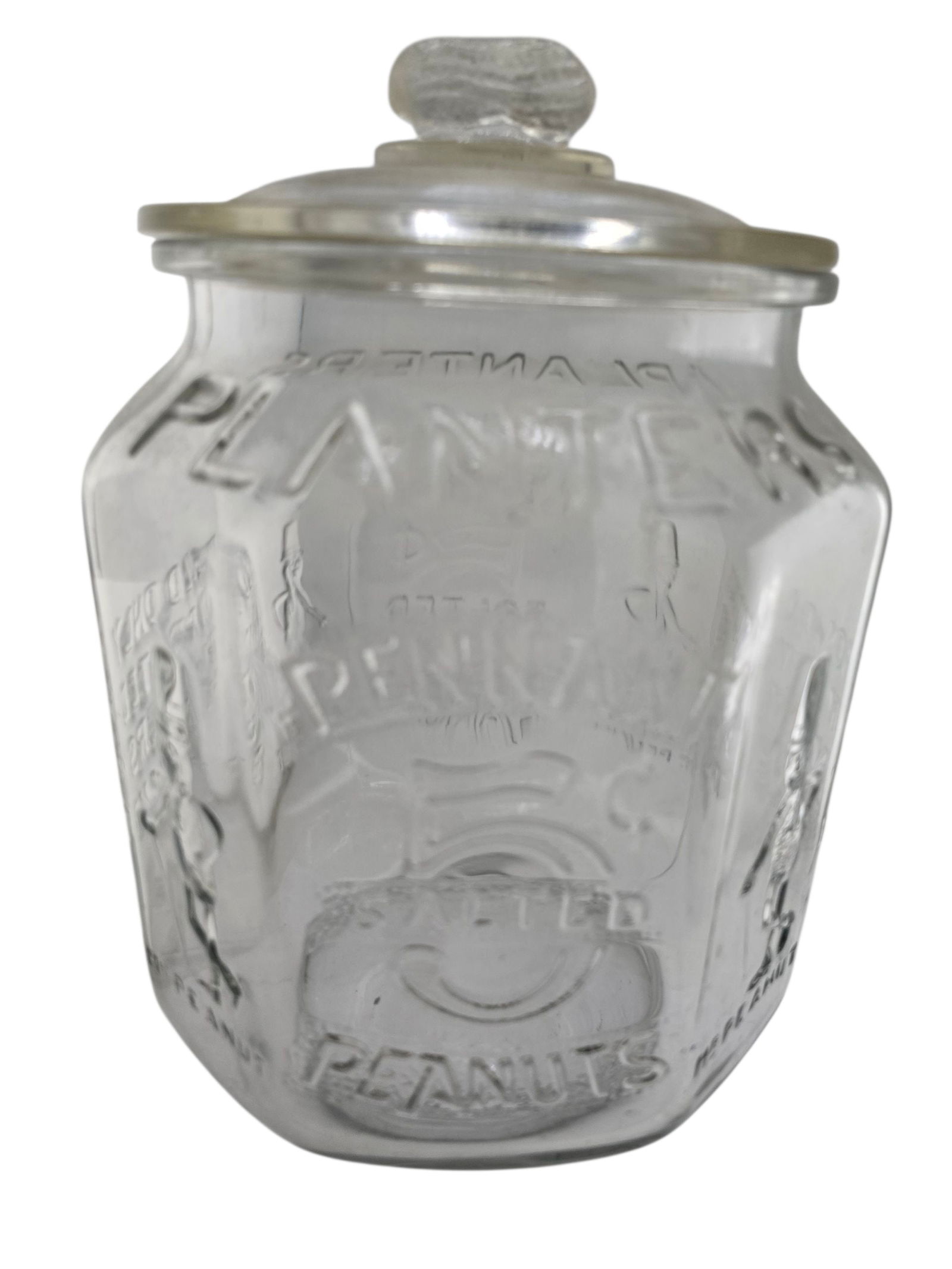 ANTIQUE HEAVY PLANTERS PENNANT 5c PEANUT GLASS COVERED JAR SAYS SOLD ONLY IN PRINTED PLANTERS RED (1 of 7)