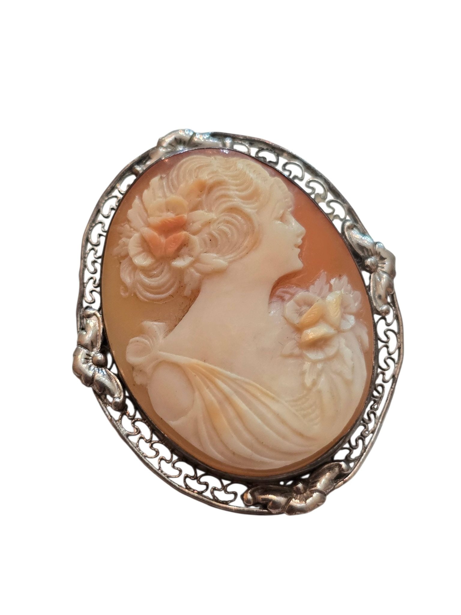 STUNNING RHODIUM FILIGREE SHELL CAMEO BROOCH (1 of 4)