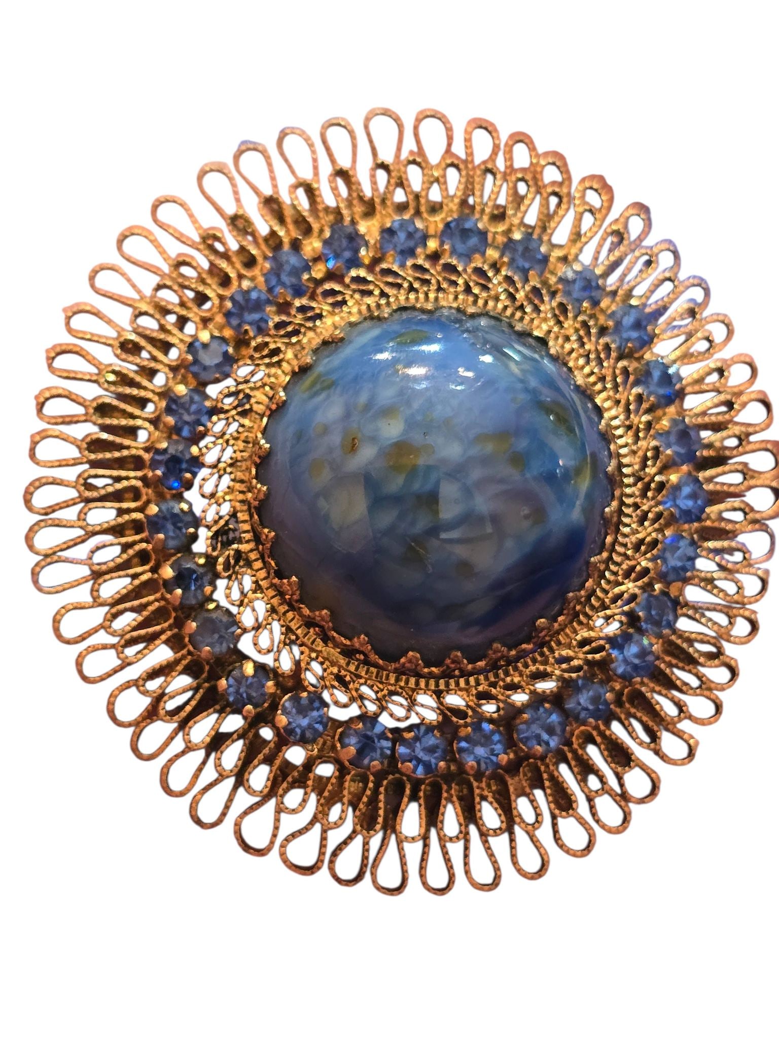 LAYERED VINTAGE BLUE STONES AUSTRIA WIRE BROOCH: LAYERED VINTAGE BLUE STONES AUSTRIA WIRE BROOCH. SOME TYPE OF STONE, SIGNED, LAYERED DESIGN, GLASS RHINESTONES, 2.25".