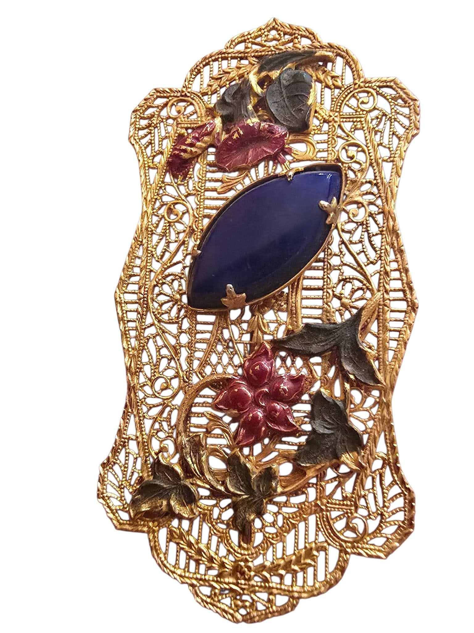 EXCEPTIONAL ANTIQUE BRASS FILIGREE LAYERED ENAMELED GLASS BROOCH: EXCEPTIONAL ANTIQUE BRASS FILIGREE LAYERED ENAMELED GLASS BROOCH. C CLASP, GREAT GILT PATINA TO THE PIECE,A LITTLE BIT OF ENAMEL LOSS, GLASS STONE, 2.25".