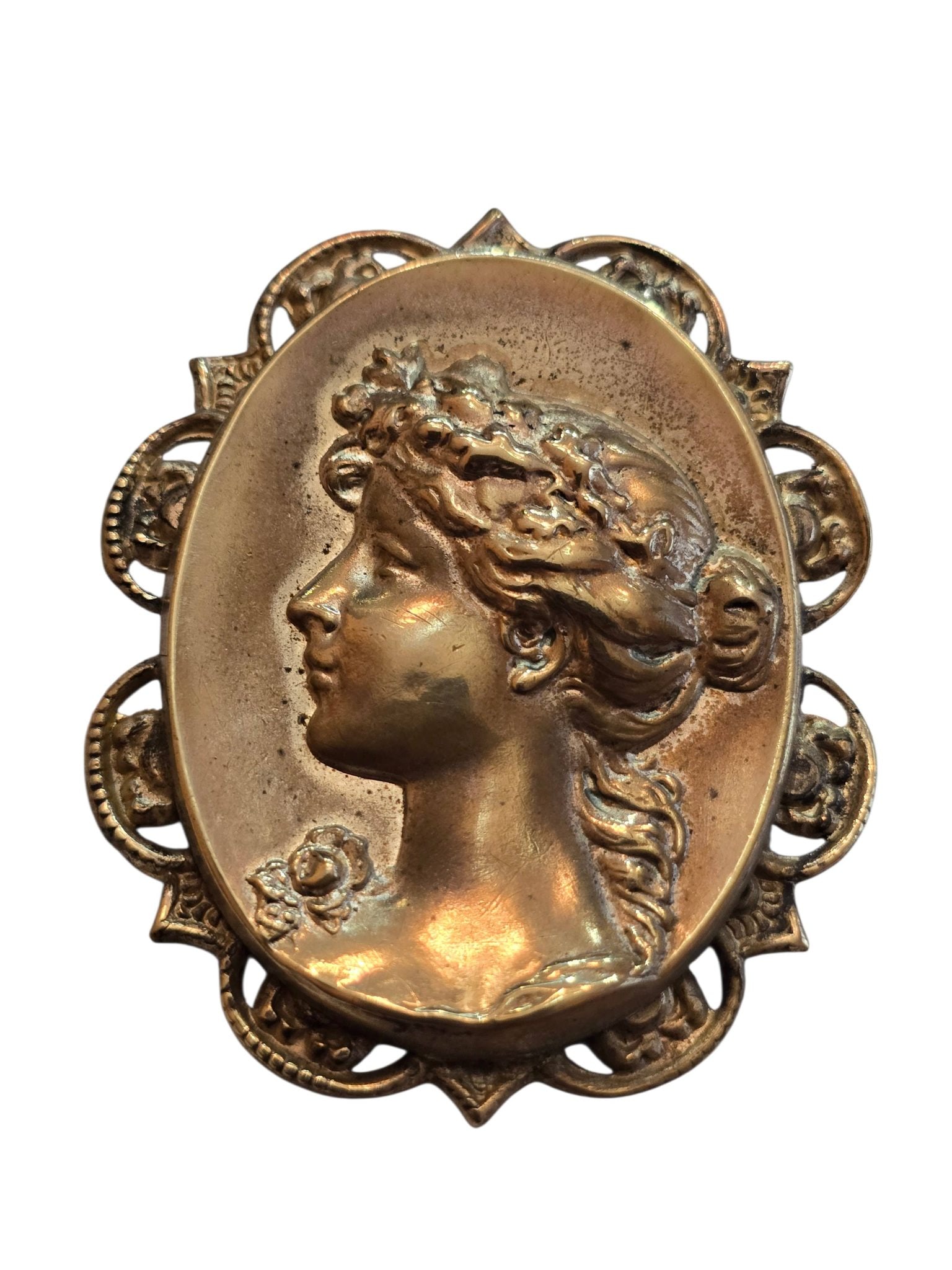 ANTIQUE REPOUSSE BRASS LADY BROOCH (1 of 3)